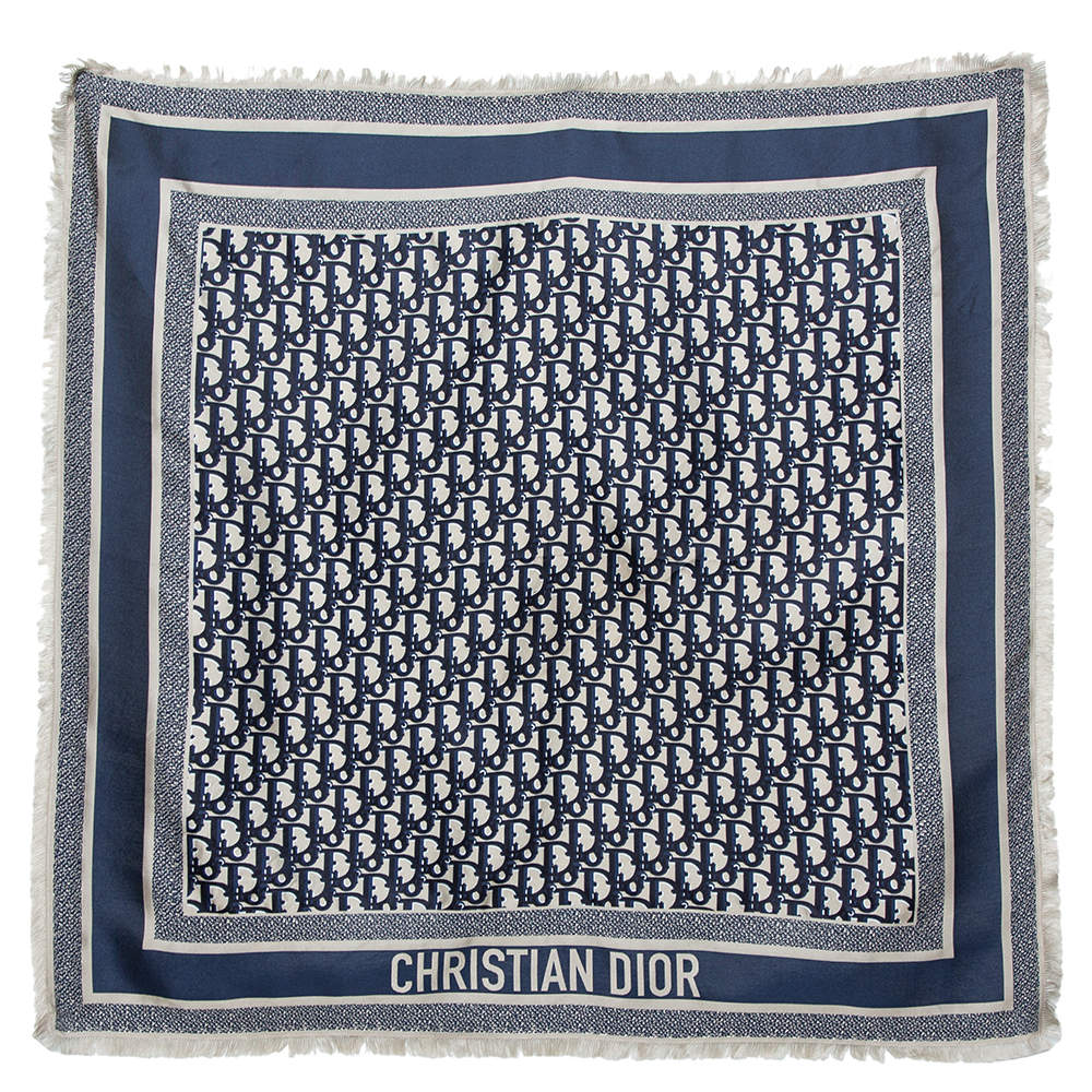 مملوكة مسبقًا Dior Navy Blue & Beige Oblique Square Silk Scarf