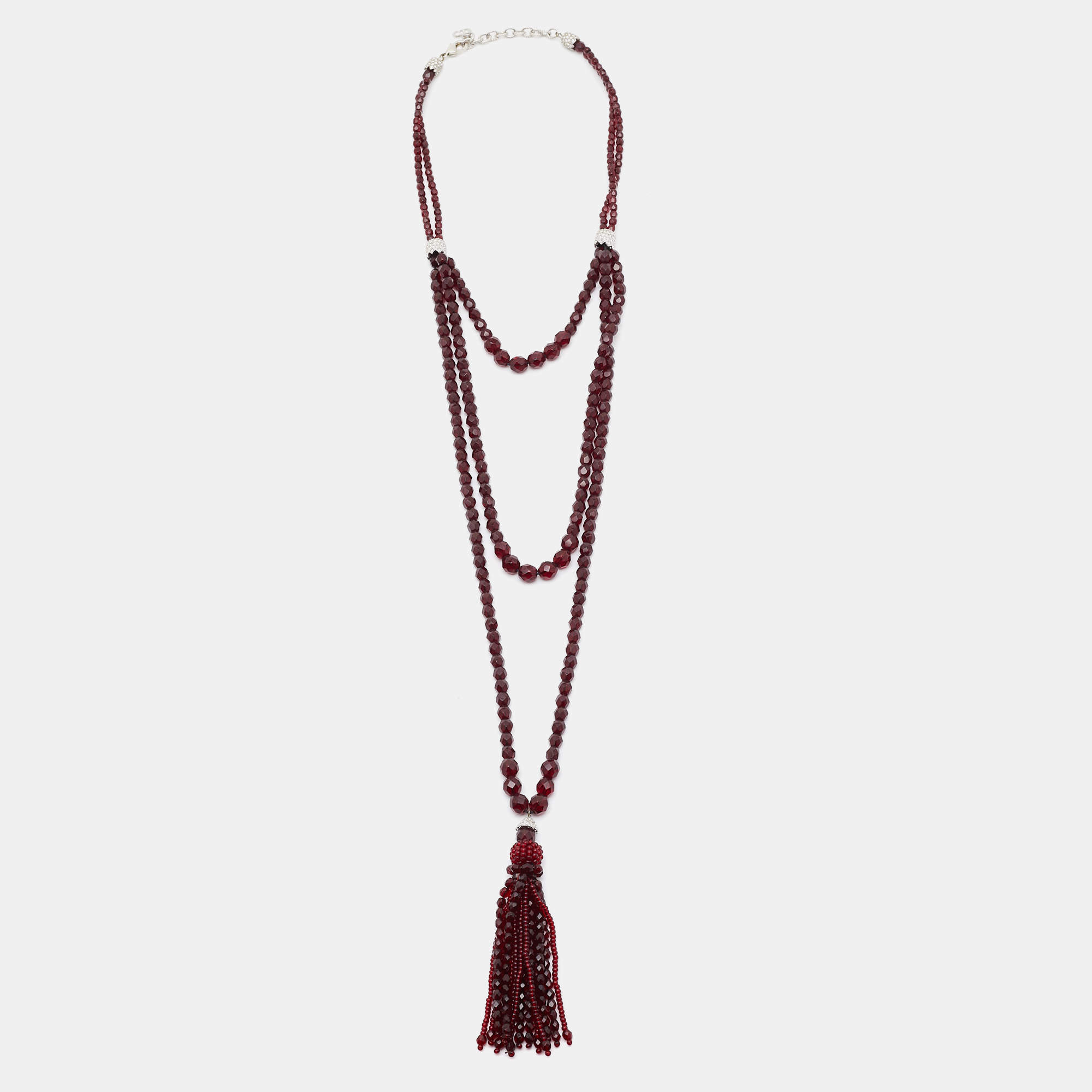 Pre Owned Dior Vintage Garnet Beaded Tassel Pendant Multi Strand Necklace