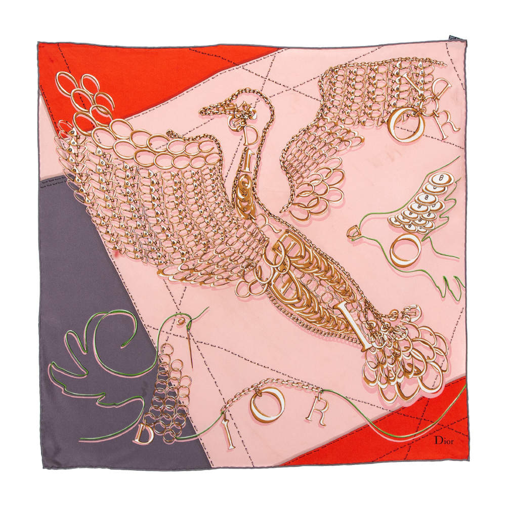 مملوكة مسبقًا Dior Pink & Orange Bird Logo Charm Silk Square Scarf