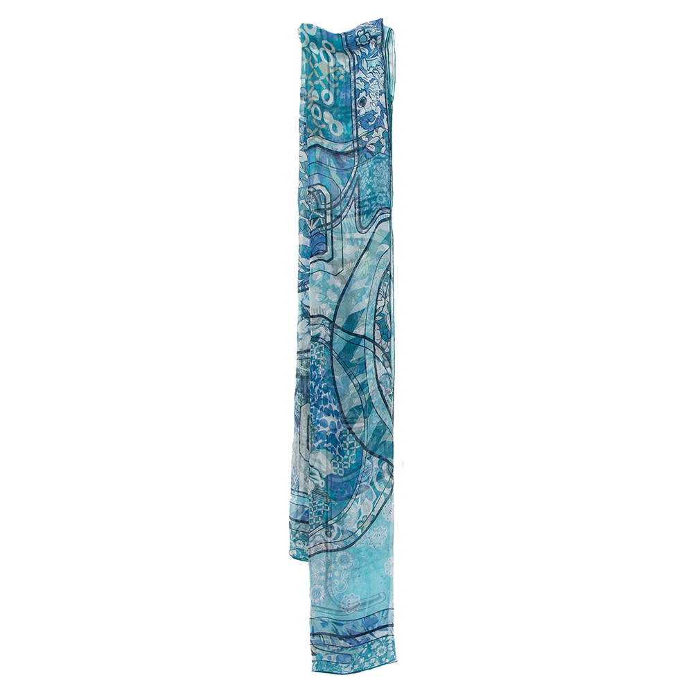 Dior Pale Blue Geometric Floral Print Silk Crepe Stole