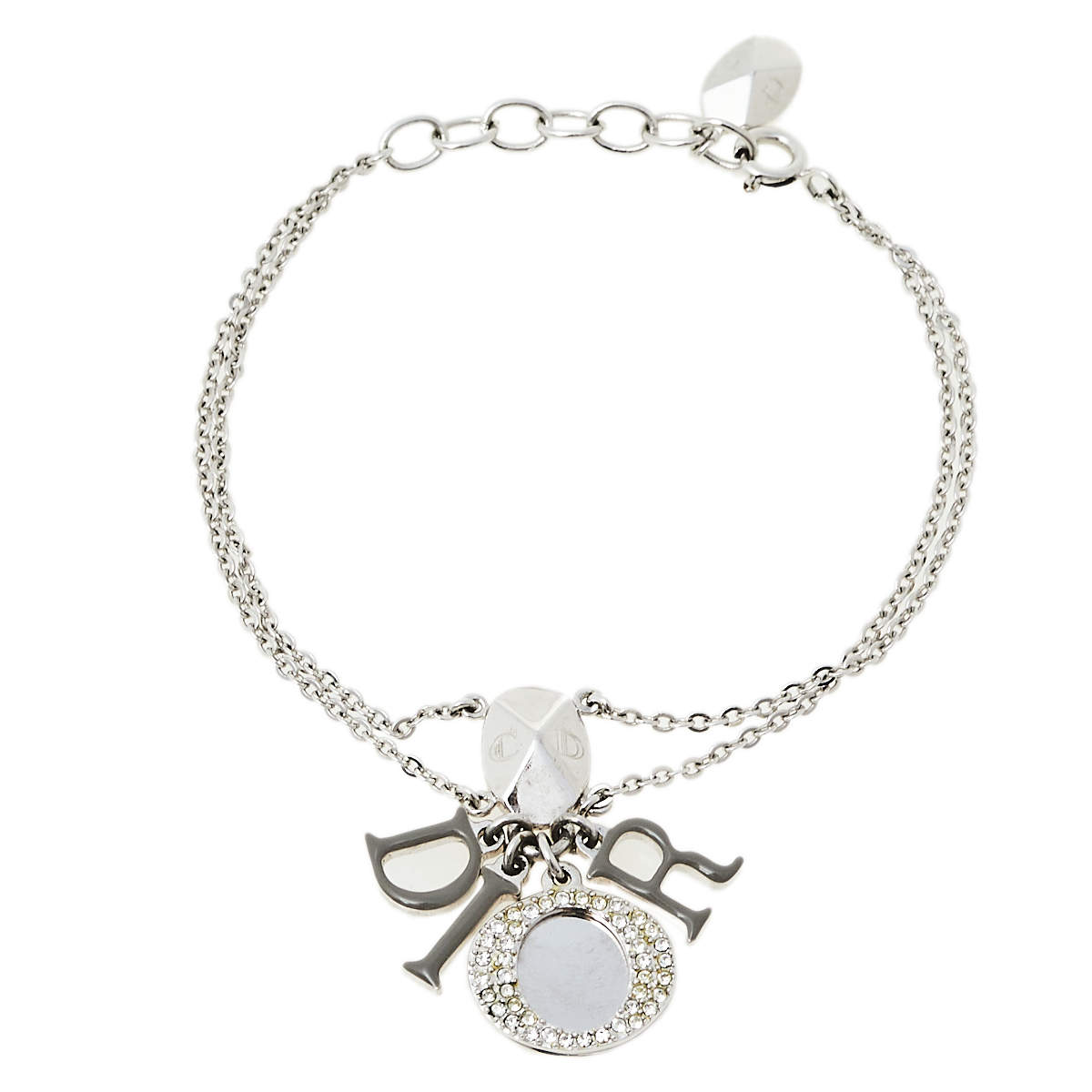 Dior Grey Enamel Crystal Silver Tone Letter Charm Bracelet