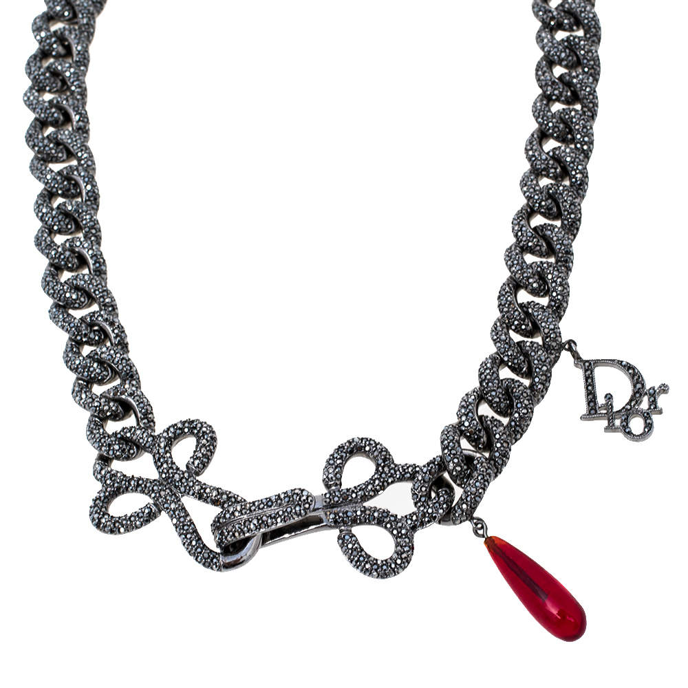 Pre Owned Dior Crystal Studded Gunmetal Tone Chain Link Choker Necklace
