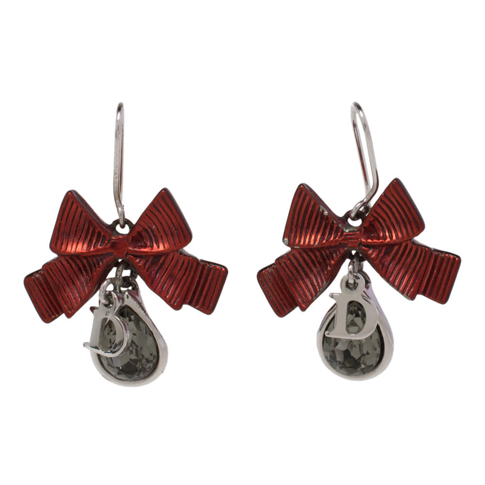 Pre Owned Dior Crystal Silver/Red Tone Textured Bow Drop Earrings