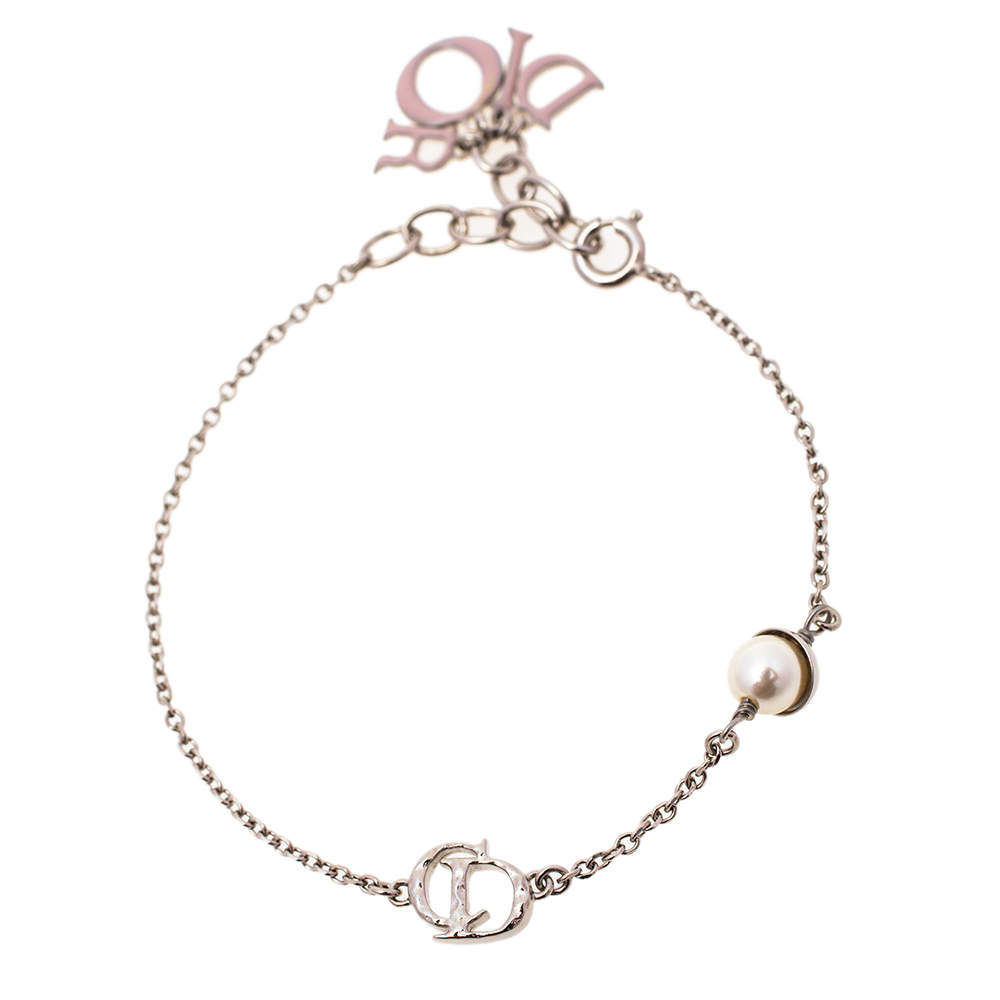Pre Owned Dior Enamel Logo Charms Silver Tone Bracelet