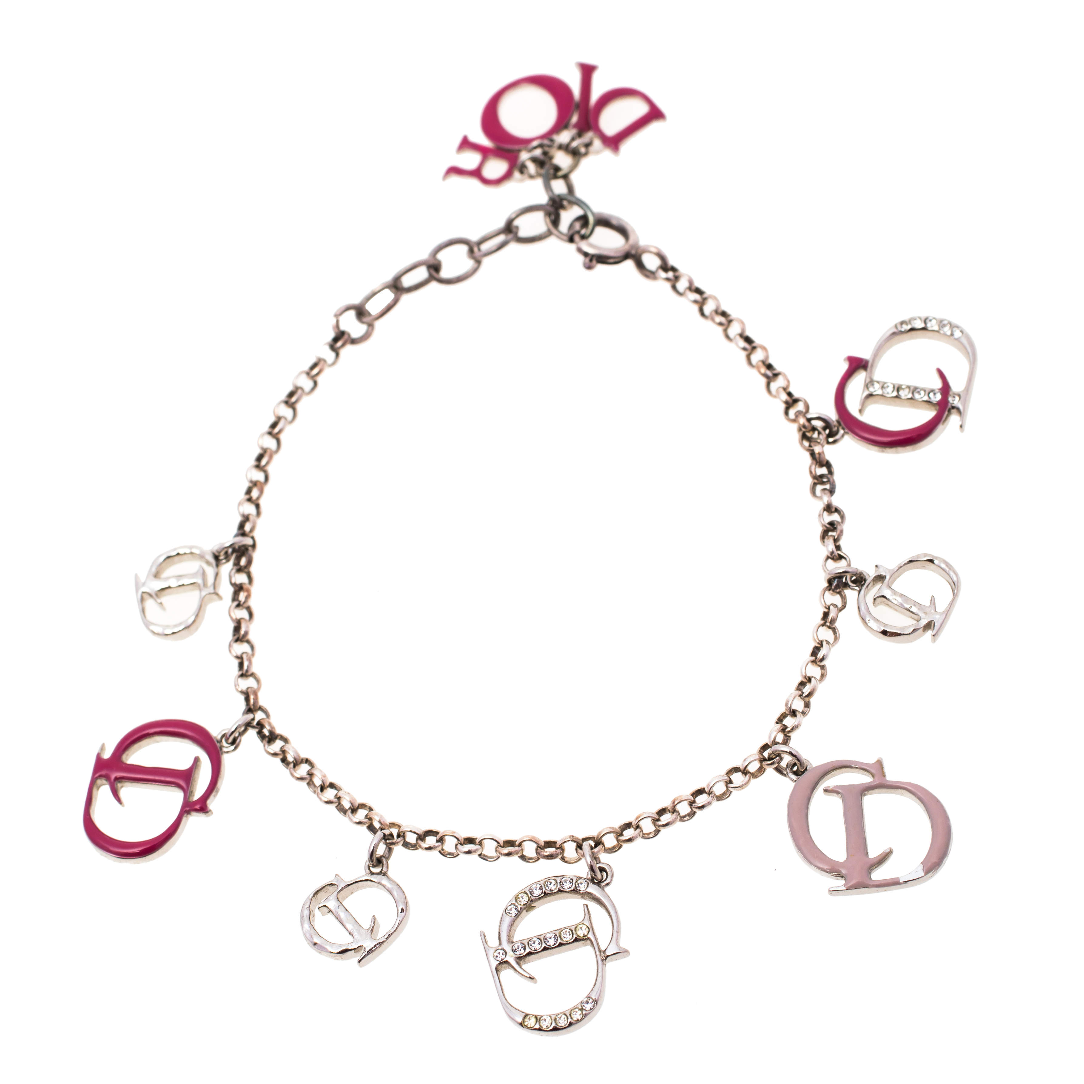 Pre Owned Dior Silver Tone Enamel & Crystal CD Charms Bracelet