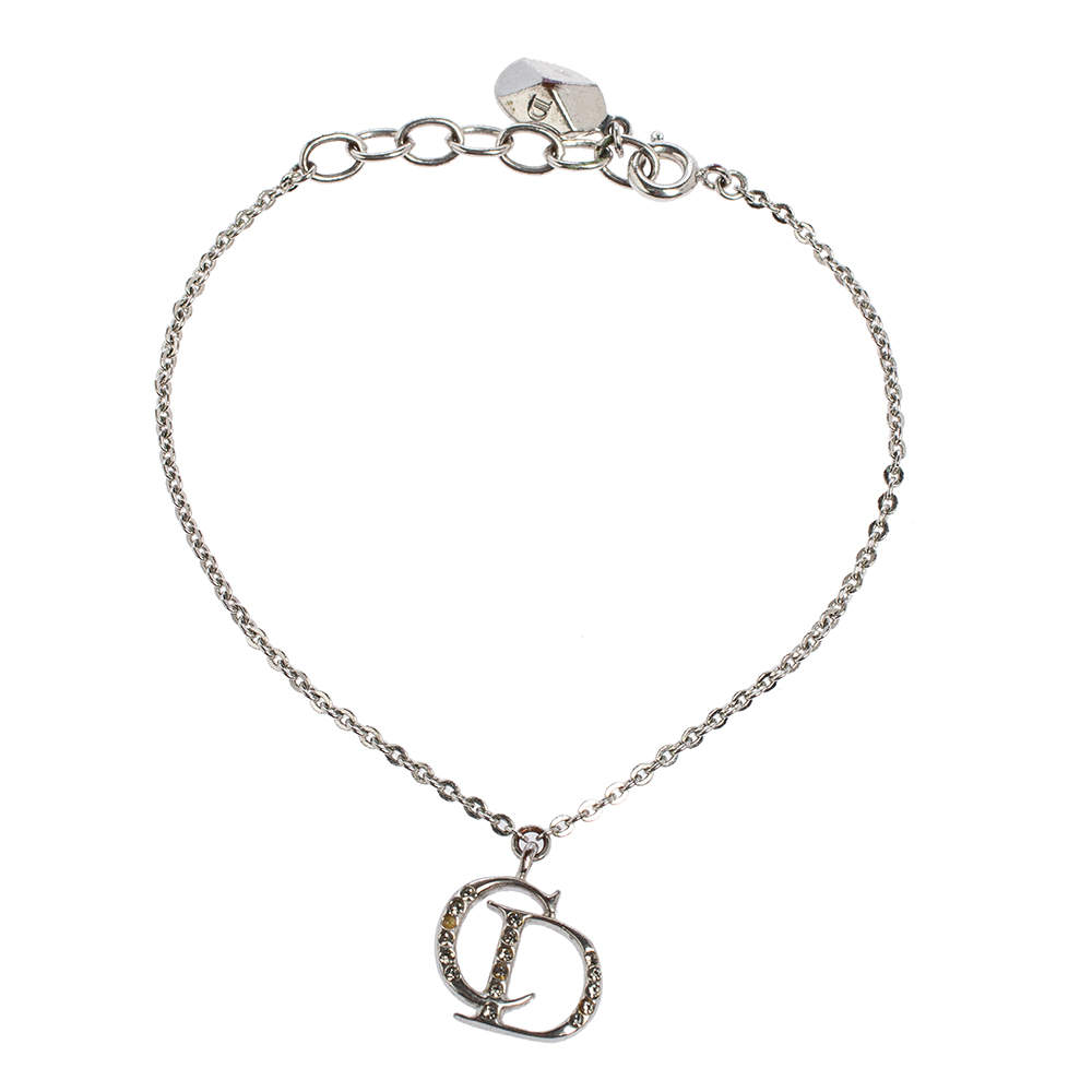 Pre Owned Dior Silver Tone Crystal Logo Charm Bracelet