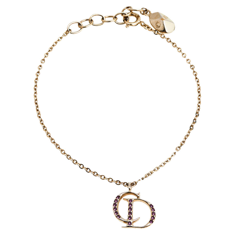 Pre Owned Dior Crystal CD Charm Gold Tone Bracelet