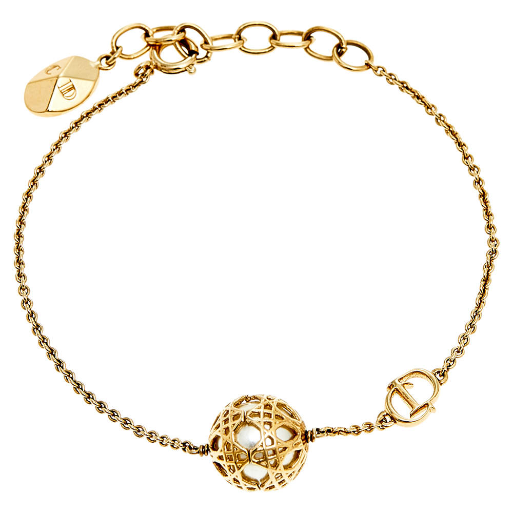 Pre Owned Dior Secret Cannage Faux Pearl Gold Tone Bracelet