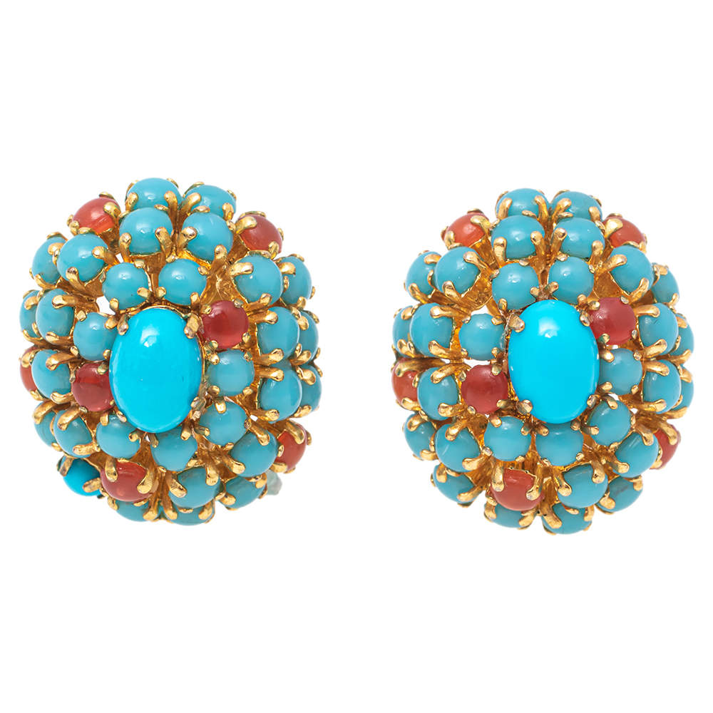 Pre Owned Dior Gold Tone Turquoise Bead Cabochon Clip On Earrings