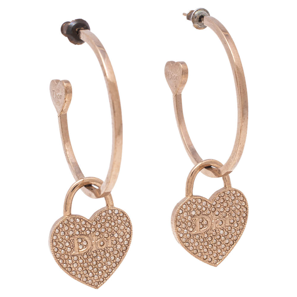 Pre Owned أقراط حلقات ديور معدن ذهبي اللون قفل قلب مرصع كريستال