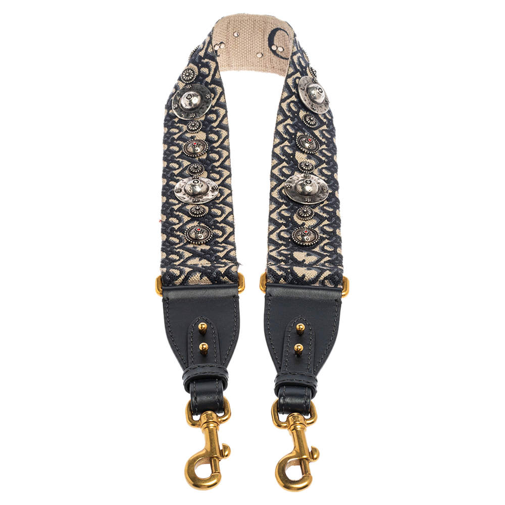 Pre Owned Dior Navy Blue Canvas and Leather Studded Saddle Shoulder Bag Strap