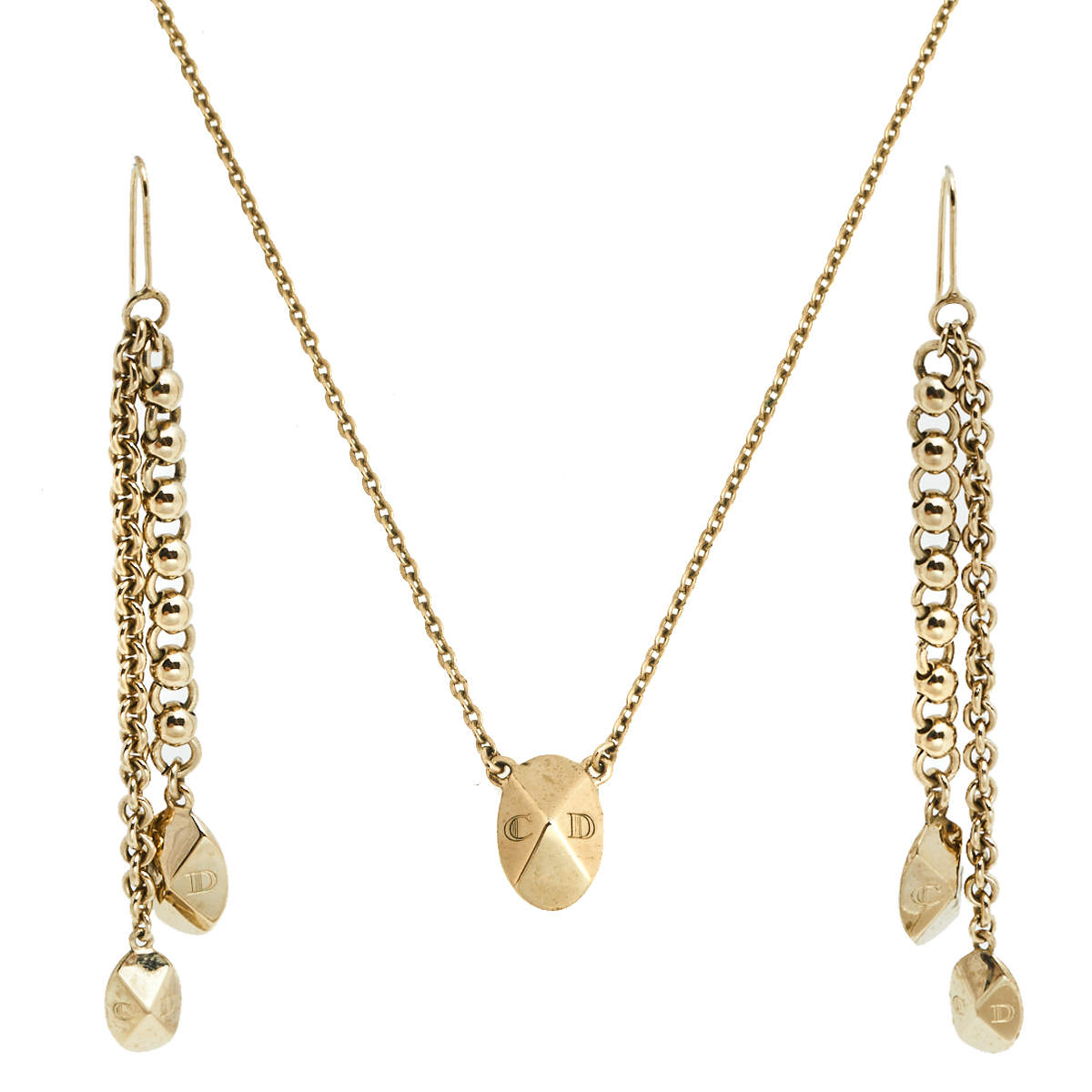 Pre Owned طقم قلادة وأقراط متدلية بشراشيب ديور معدن ذهبي اللون مزين شعار الماركة