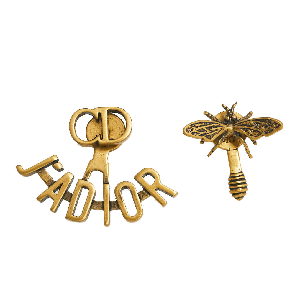Pre Owned Dior J'Adior Aged Gold Tone Bee Asymmetric Earrings