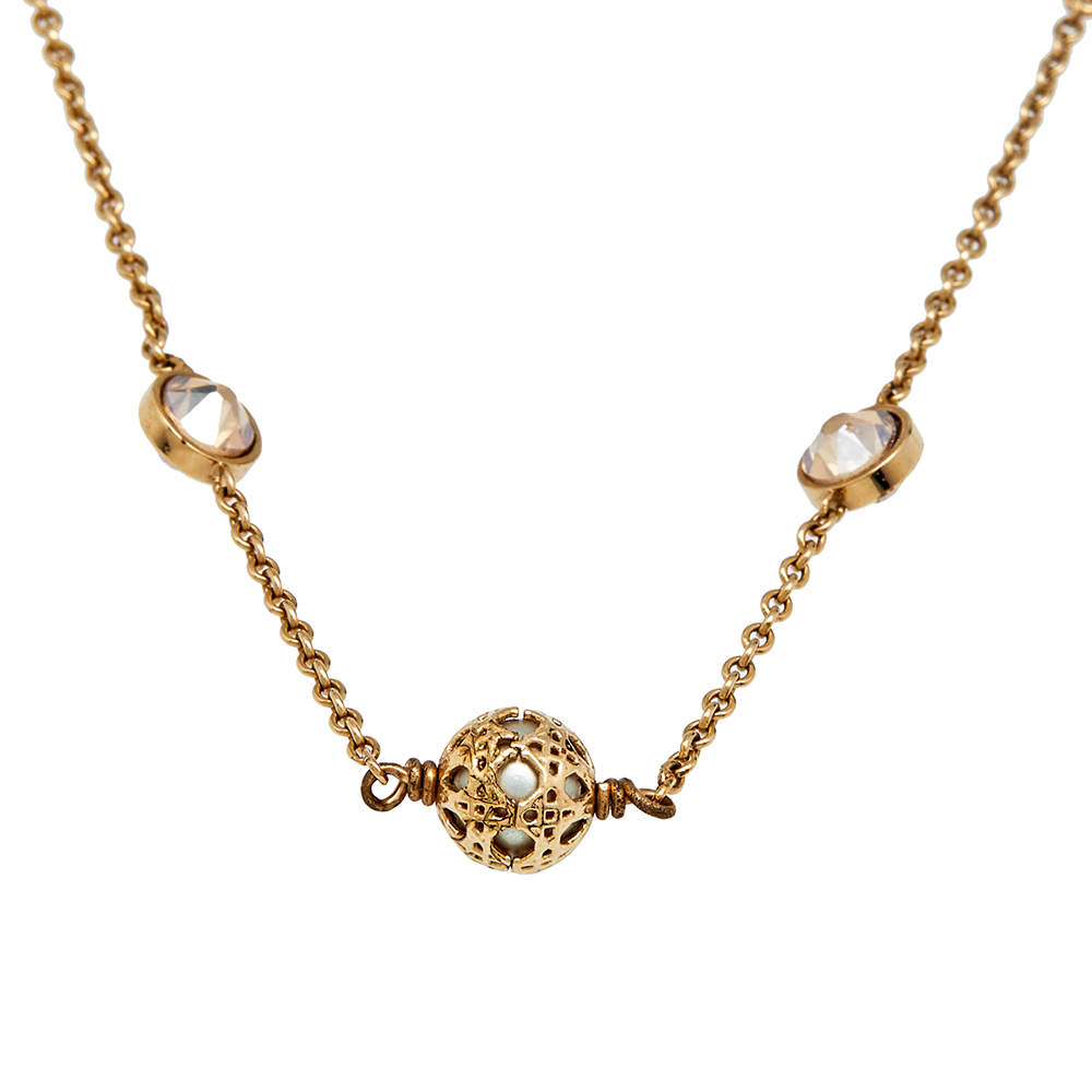 Dior Cannage Faux Pearl Crystal Gold Tone Station Necklace