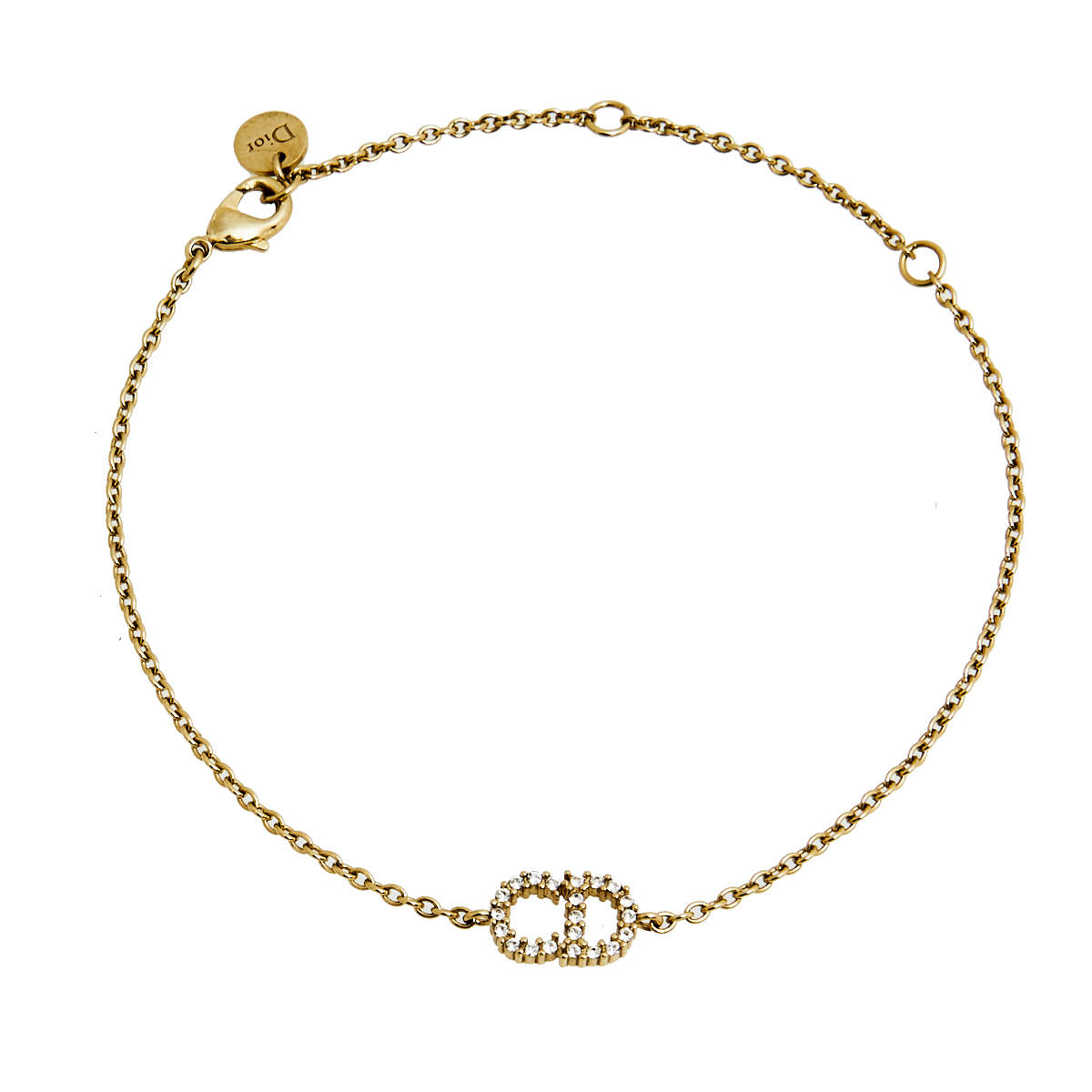Pre Owned Dior Clair D Lune Gold Tone Crystal Logo Chain Bracelet 