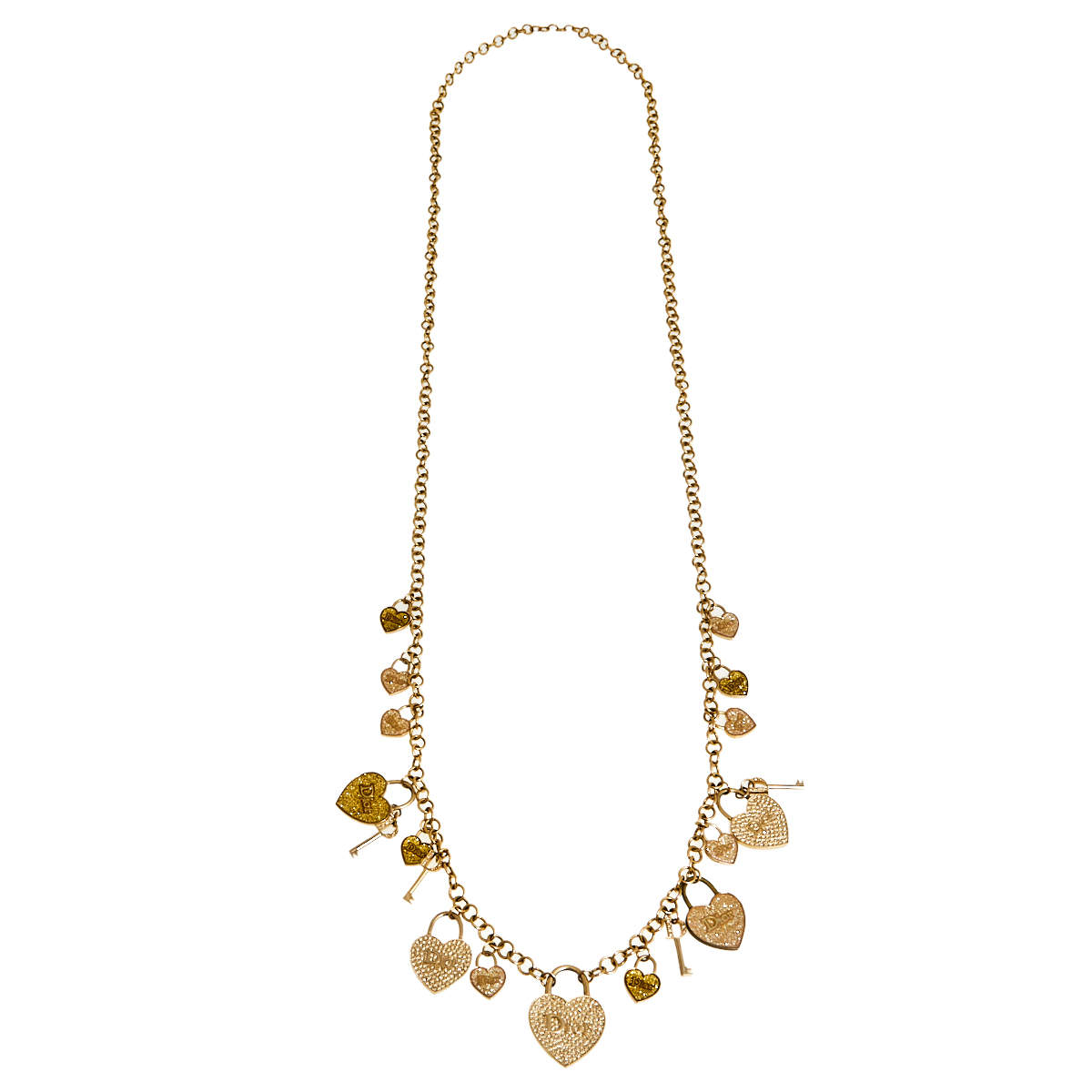 Pre Owned Dior Gold Tone Crystal Heart and Key Multi Charms Long Necklace