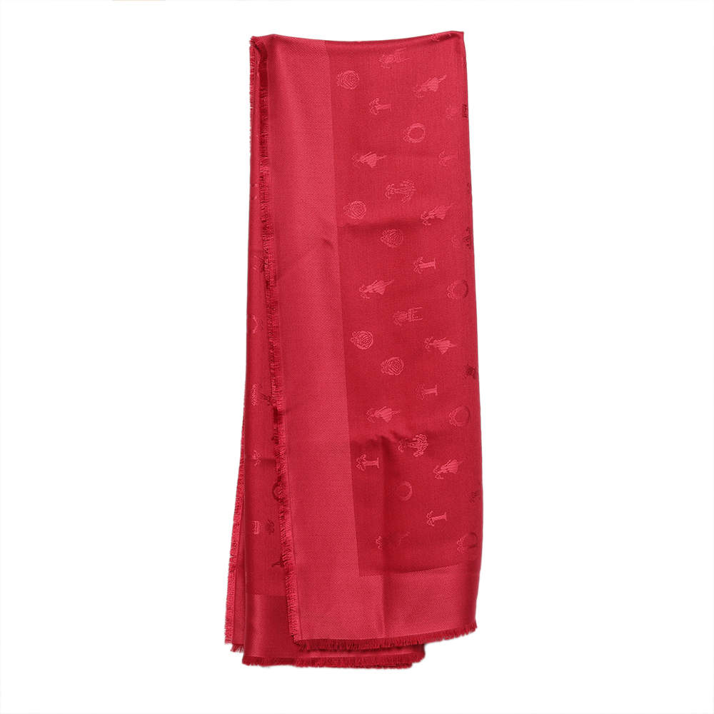 Pre Owned Dior Red So Dior Silk and Wool Jacquard Fringed Edge Shawl