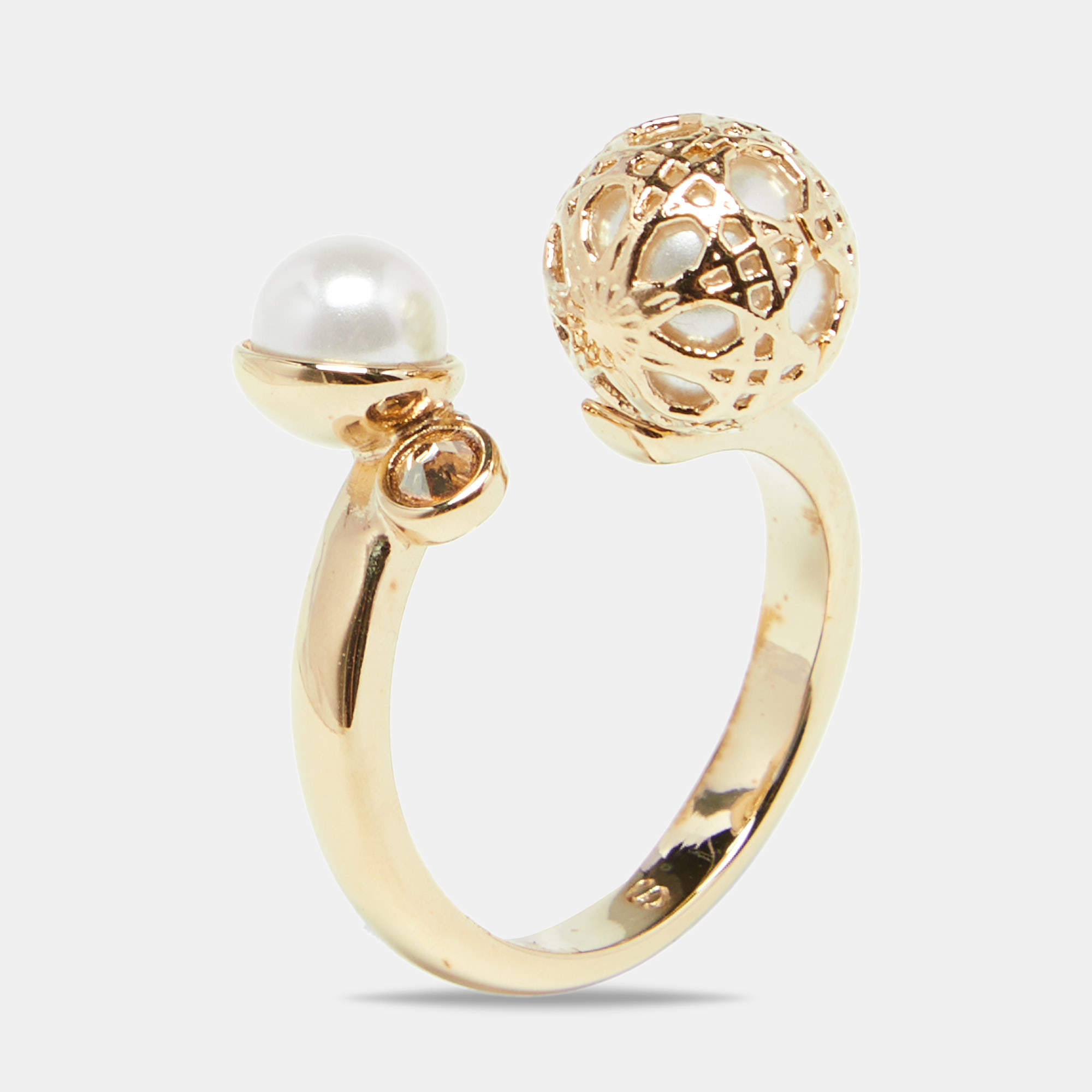 Pre Owned Dior Cannage Faux Pearl Crystal Gold Tone Open Ring S