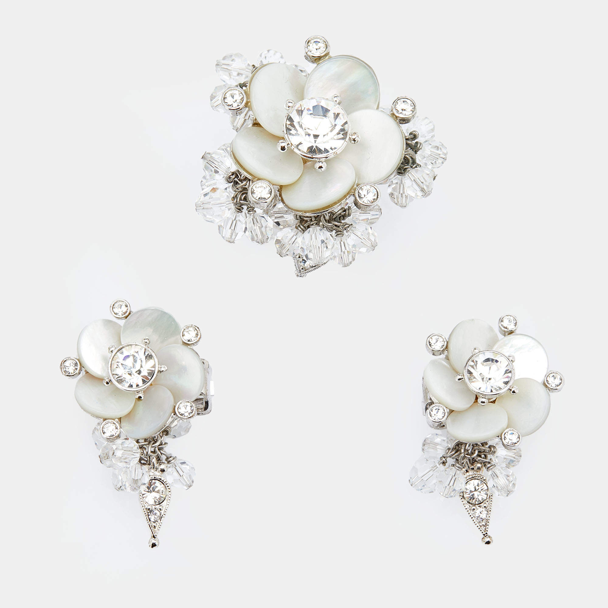 Pre Owned Dior Crystal Beaded Flower Silver Tone Metal Clip On Earrings and Cocktail Ring Set