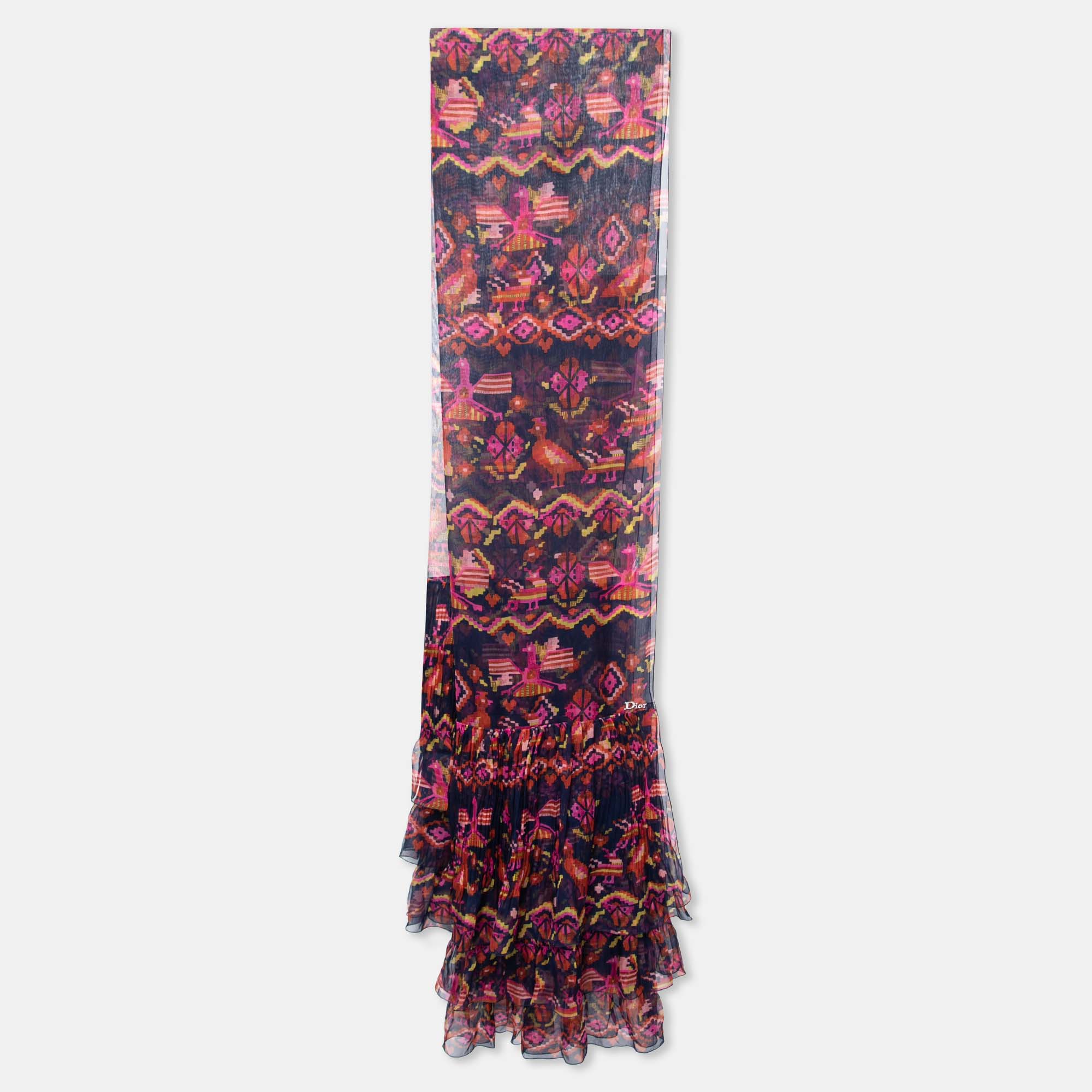 Dior Multicolour Aztec Print Silk Ruffled Scarf