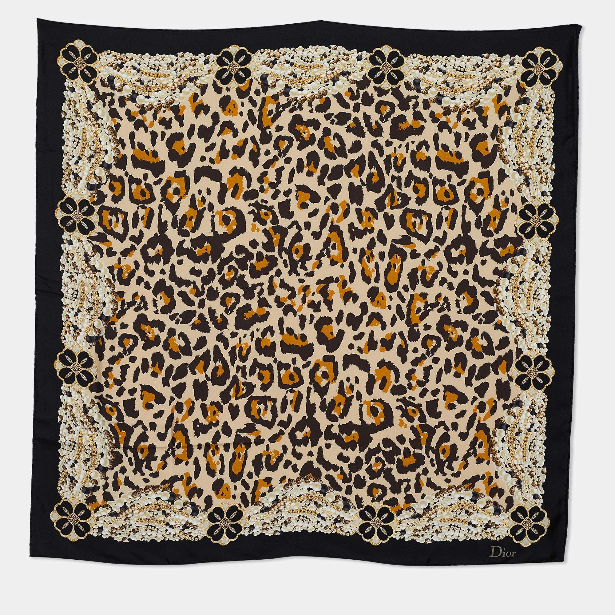 Dior Beige & Black Animal Bejeweled Print Silk Scarf
