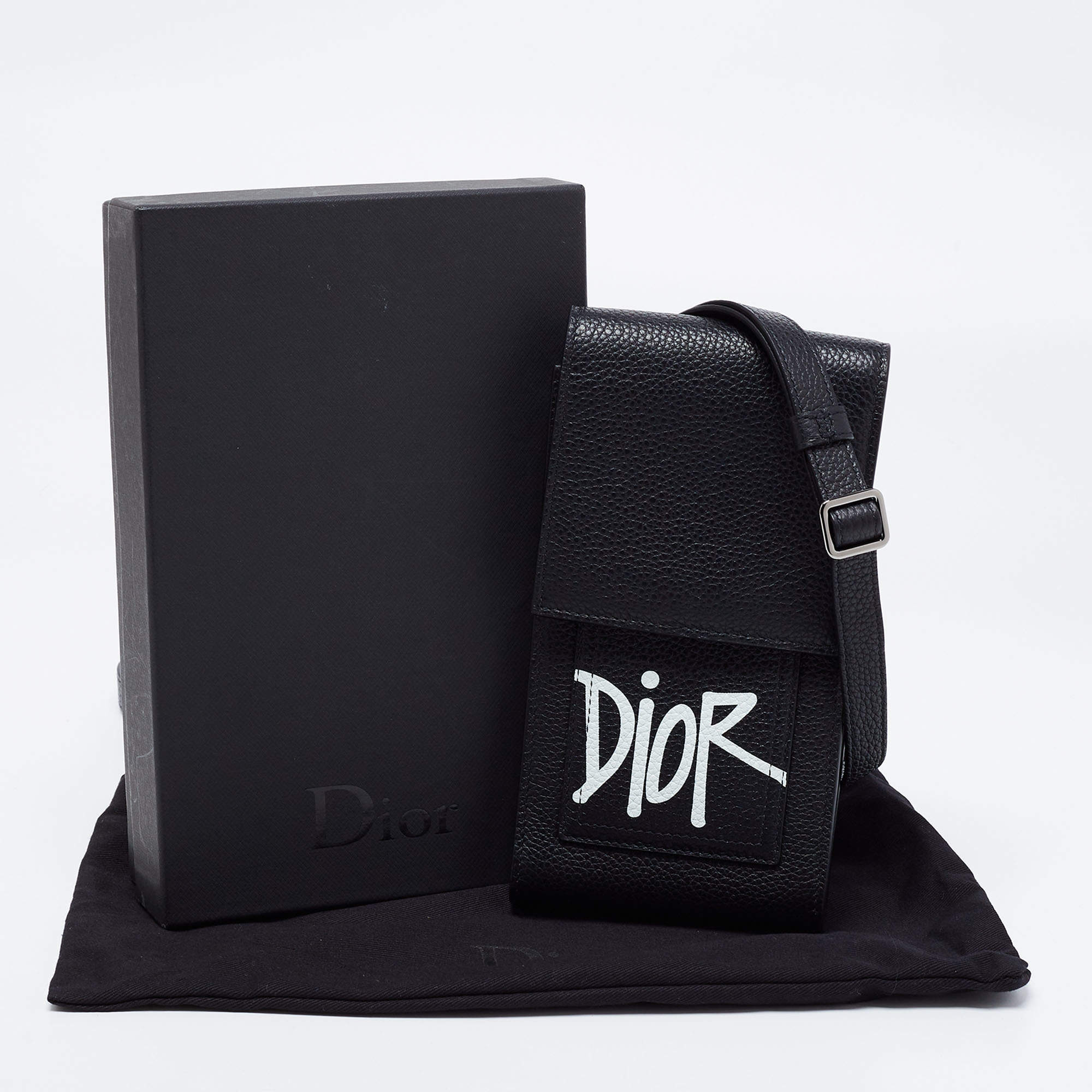Dior x Shawn Stussy Black Leather Logo Phone Holder Crossbody Bag 