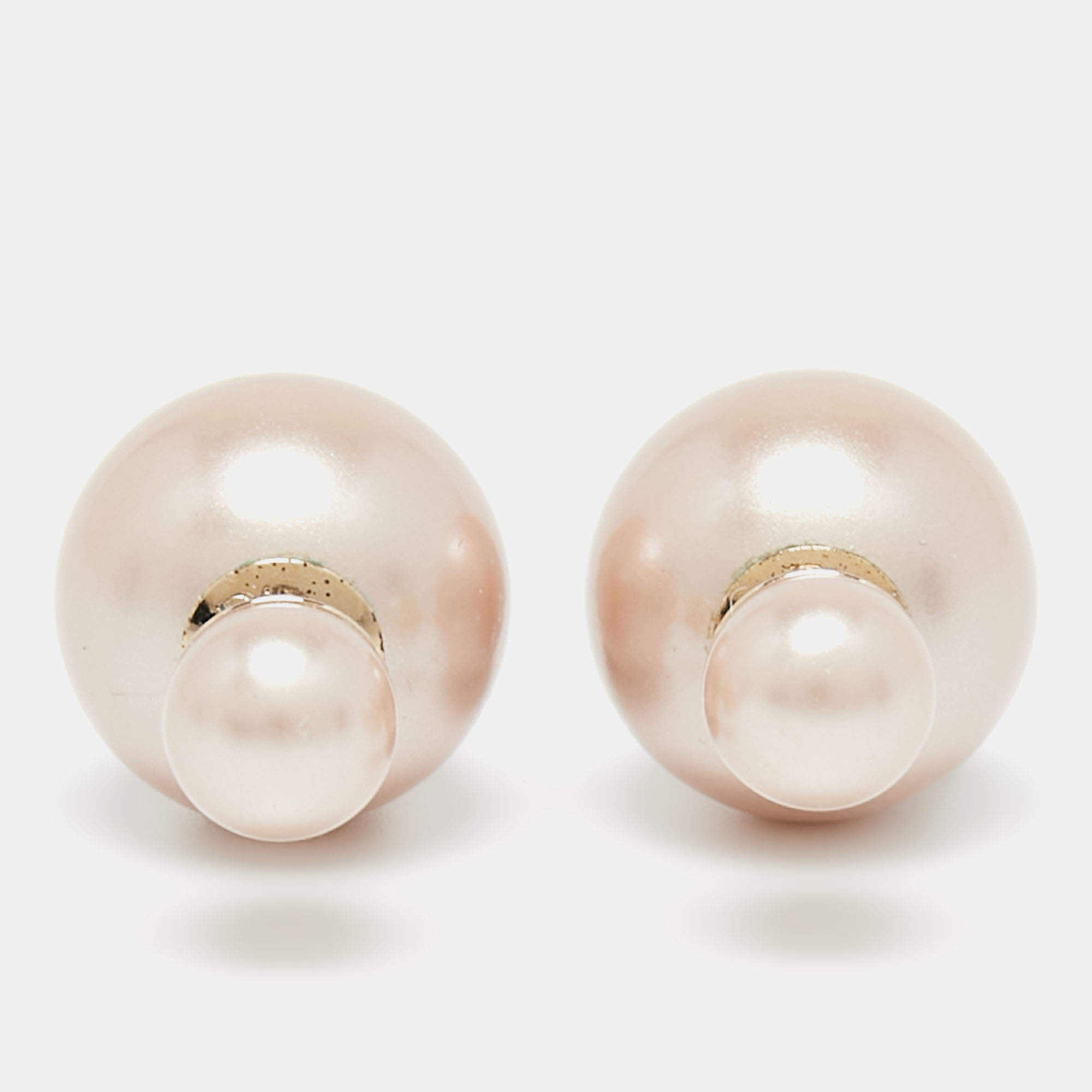 Pre Owned Dior Tribales Champagne Faux Pearl Gold Tone Stud Earrings