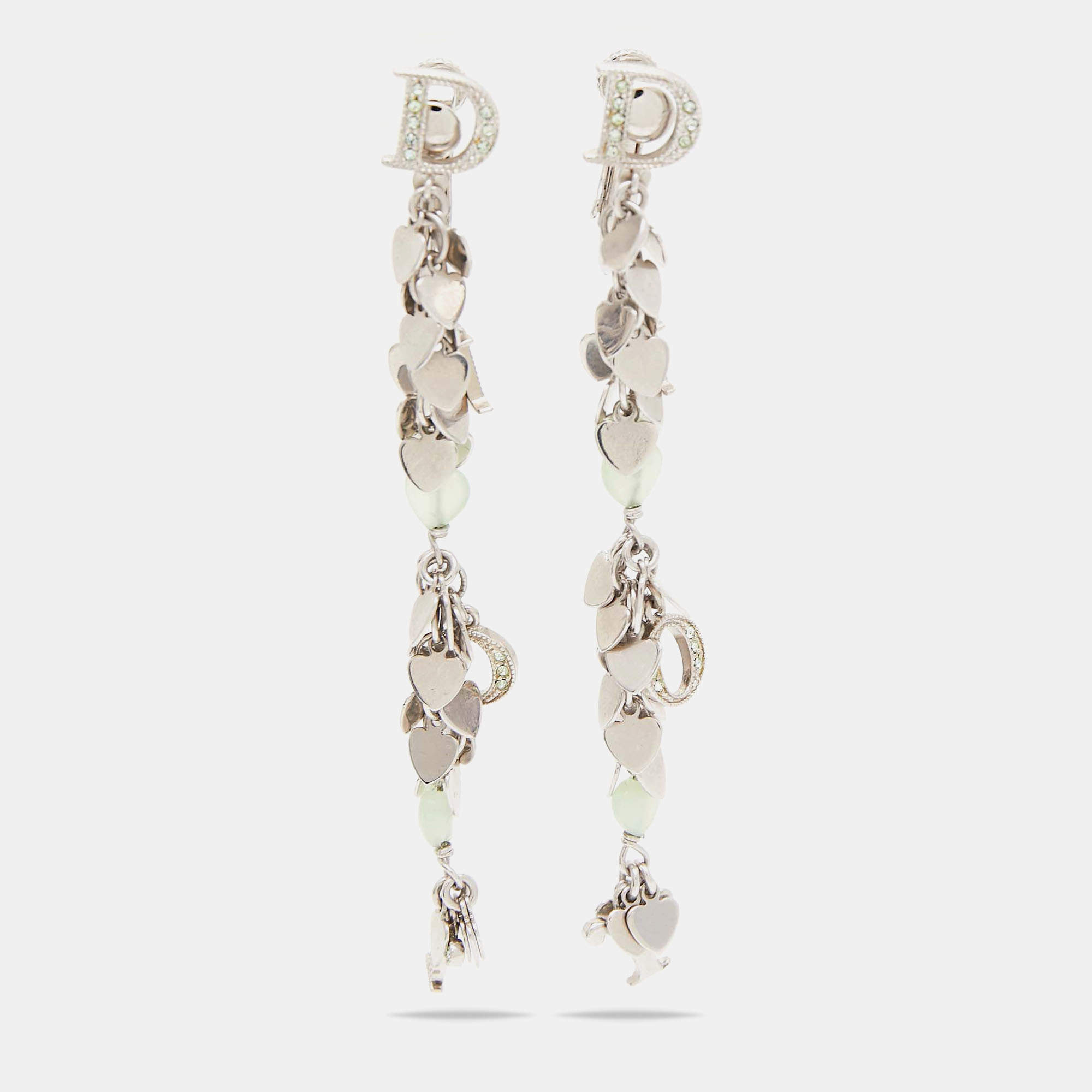 Pre Owned Dior Silver Tone Heart & Logo Charms Clip On Earrings