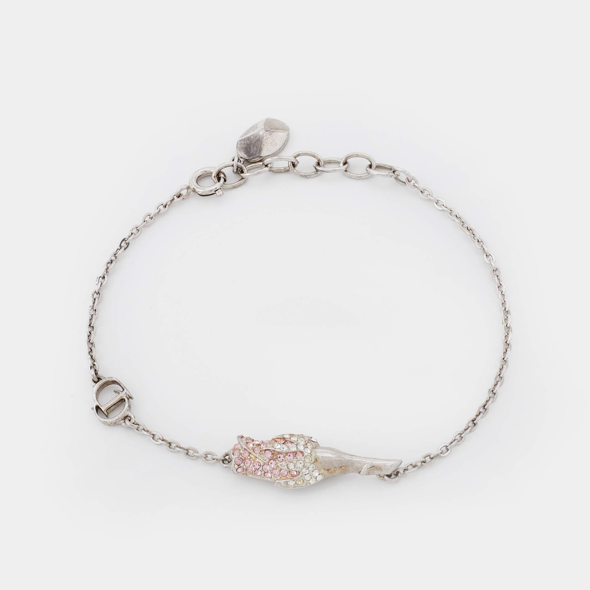 Pre Owned Dior Silver Tone Crystal Studded Rose Chain Necklace