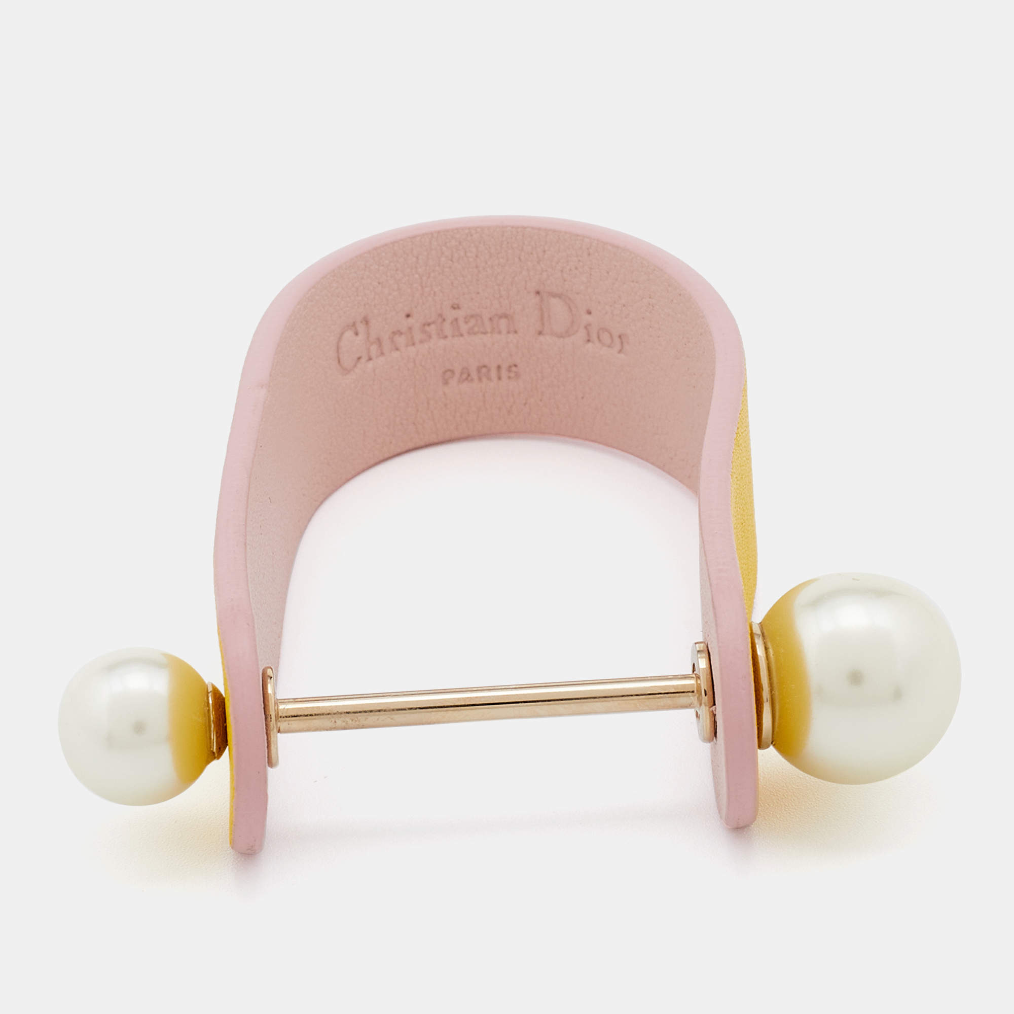 Pre Owned Dior Yellow Leather & Faux Pearl Perle Cuff Bracelet M
