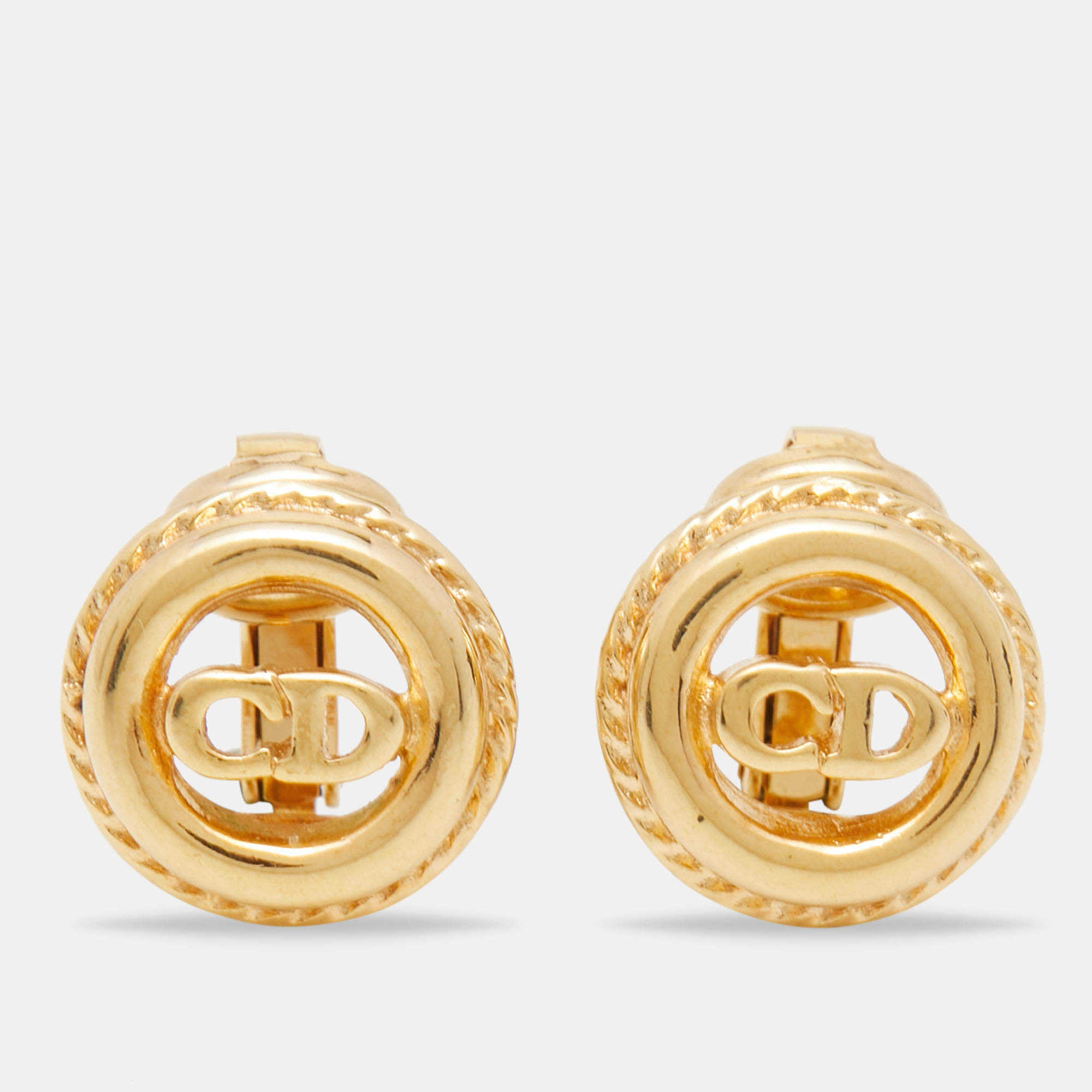 Dior Vintage Gold Tone CD Logo Clip On Earrings