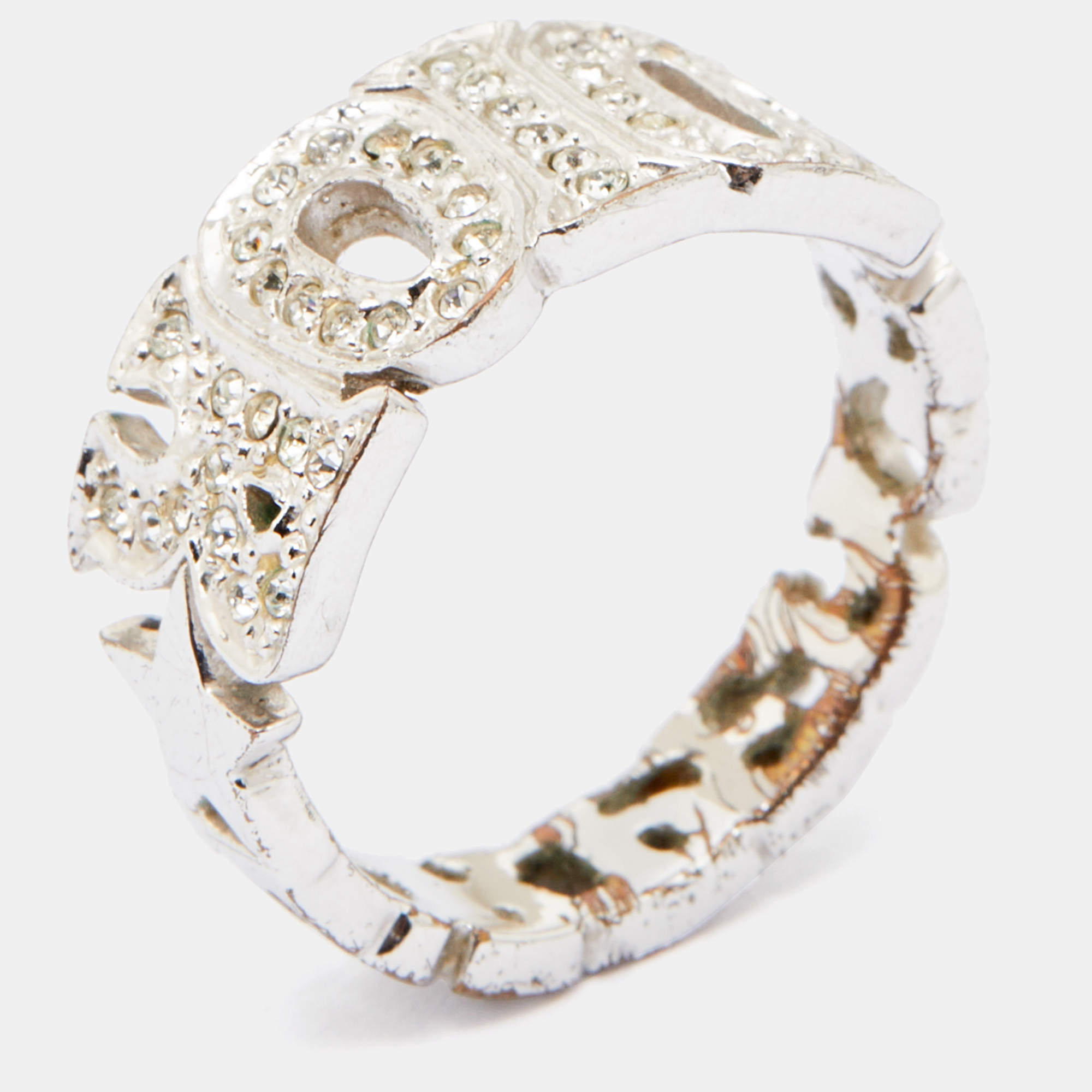 Dior For Peace Silver Tone Crystal Embellished Band Ring Size 54