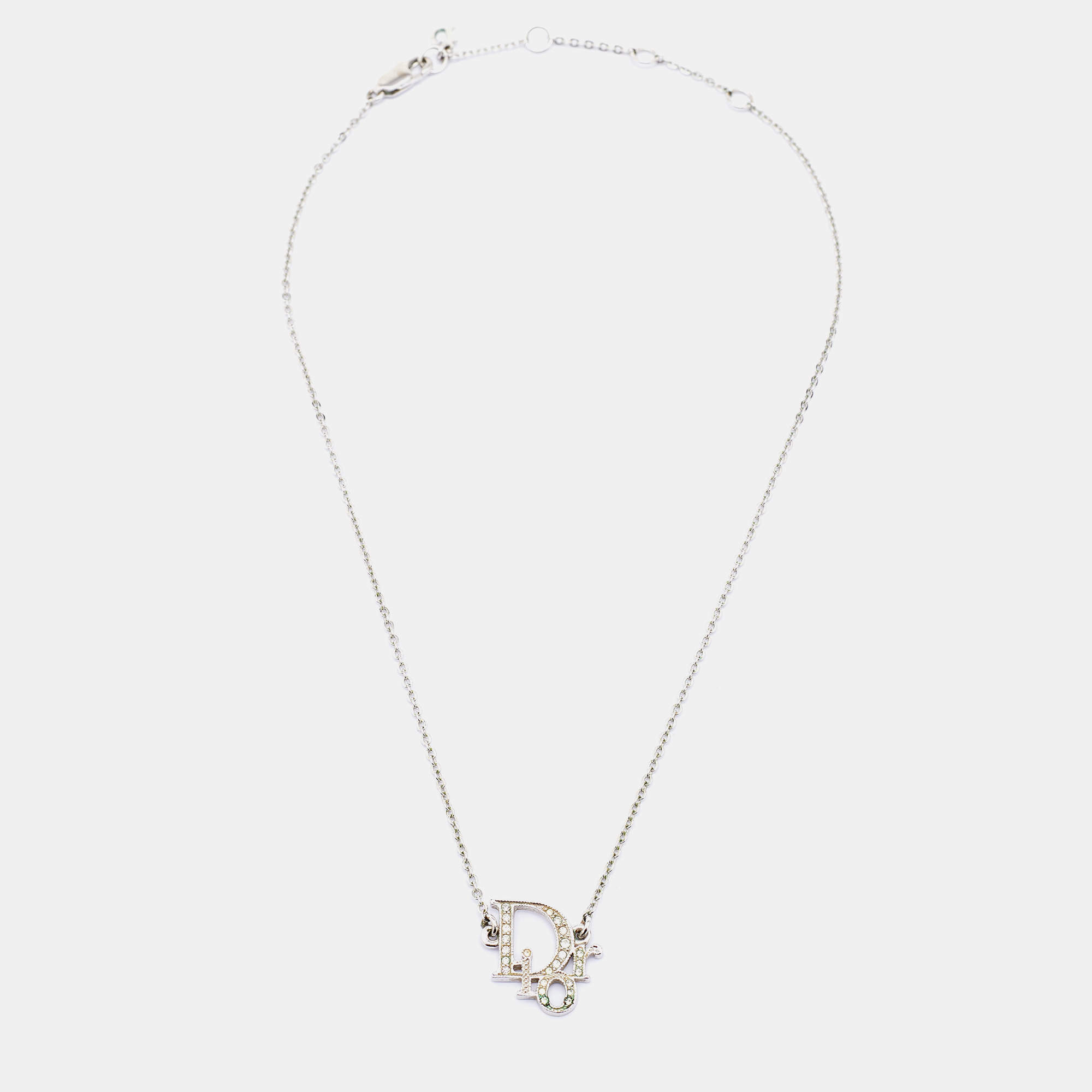 Pre Owned Dior Silver Tone Crystal Logo Earrings & Pendant Necklace