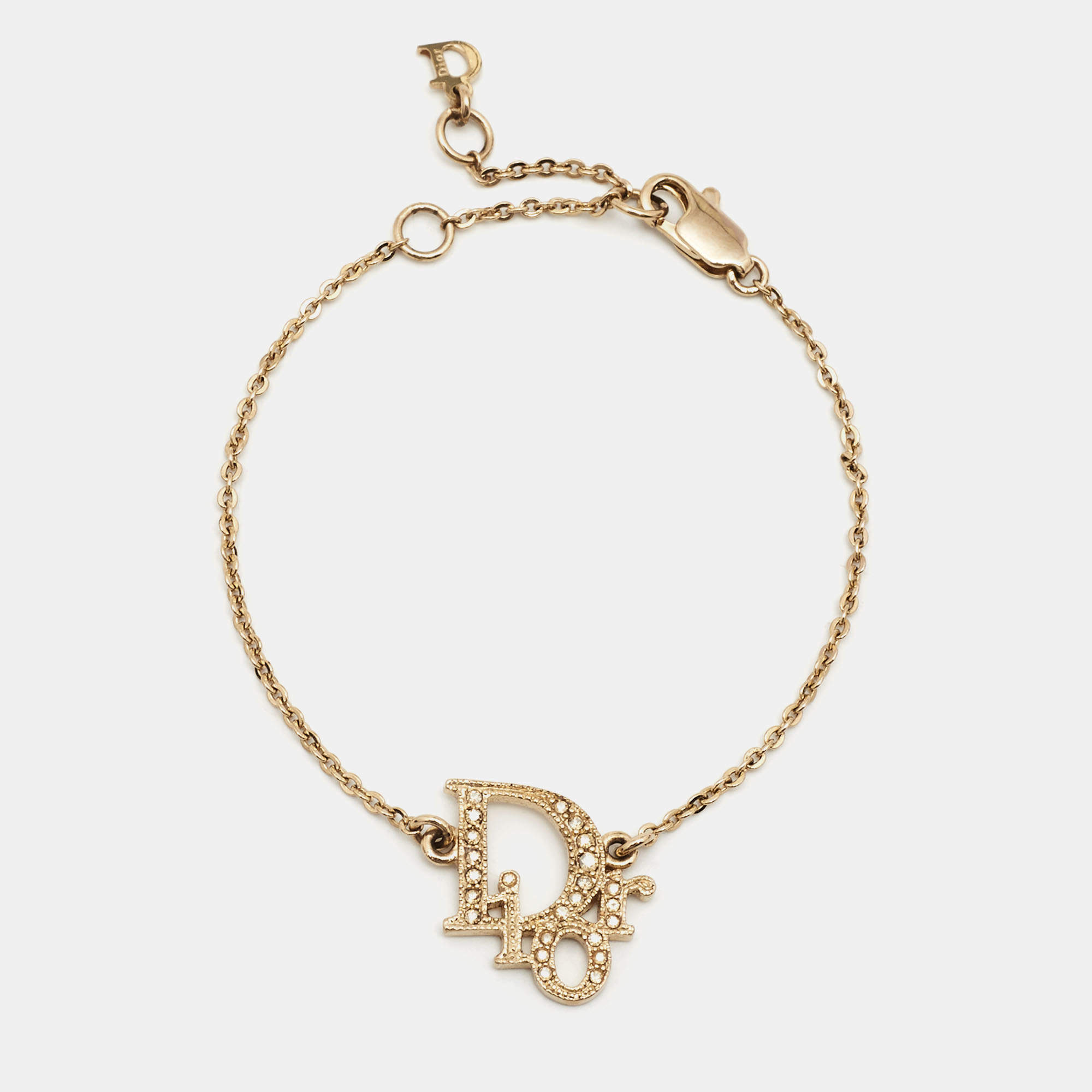 Dior Gold Tone Crystal Oblique Logo Bracelet
