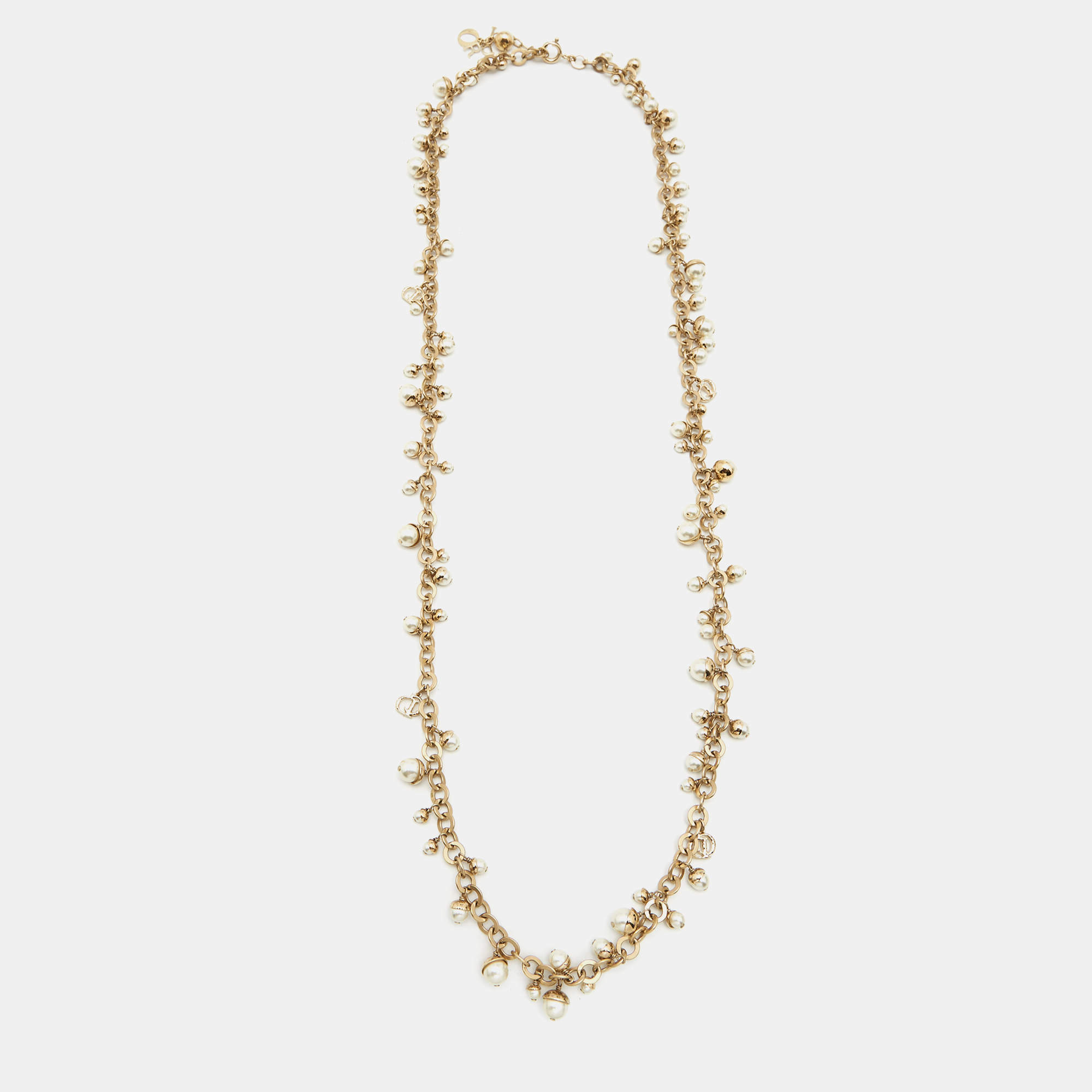 Pre Owned Dior Mise En Dior Faux Pearl Gold Tone Charm Chain Necklace