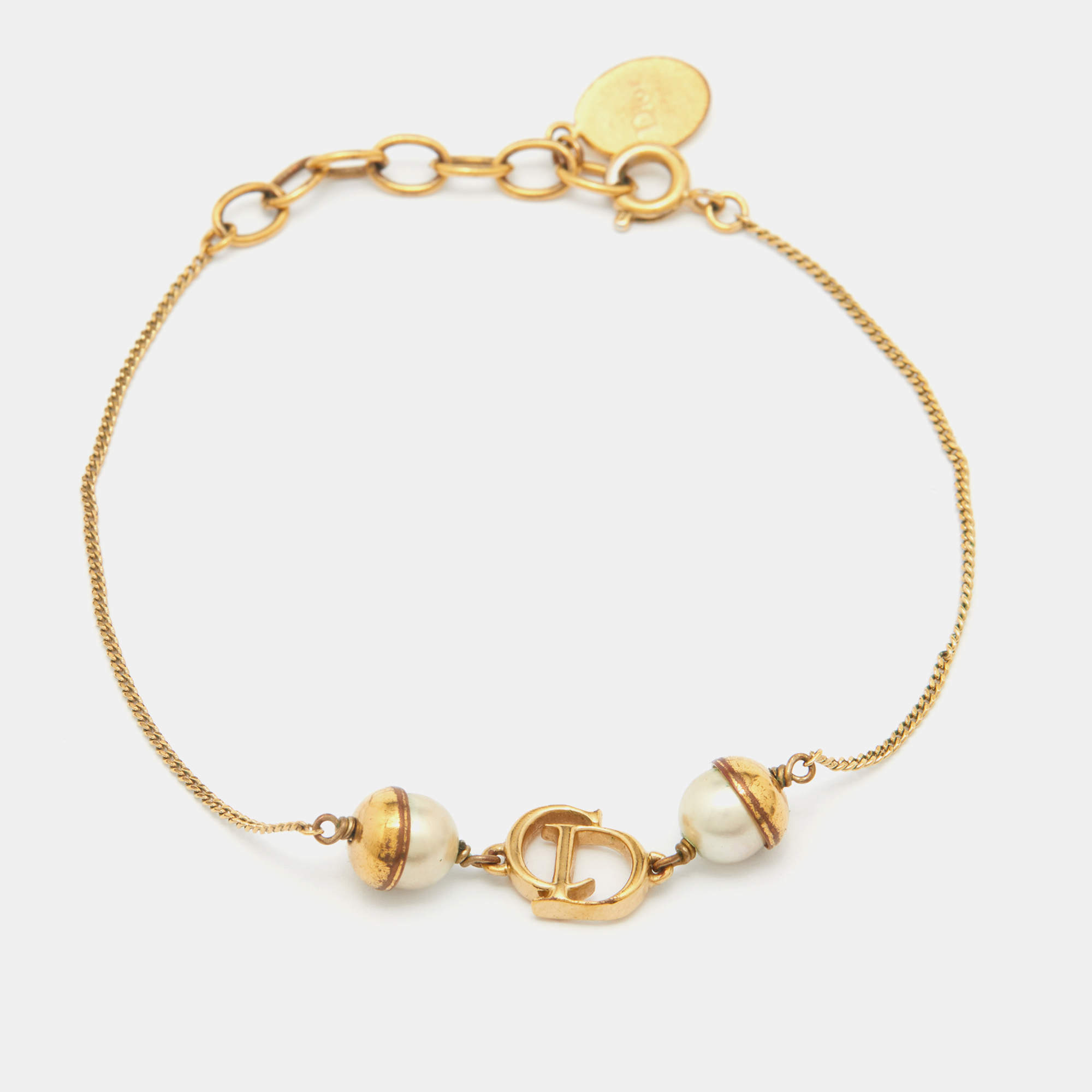 Pre Owned Dior Mise En Dior Faux Pearl Gold Tone Bracelet