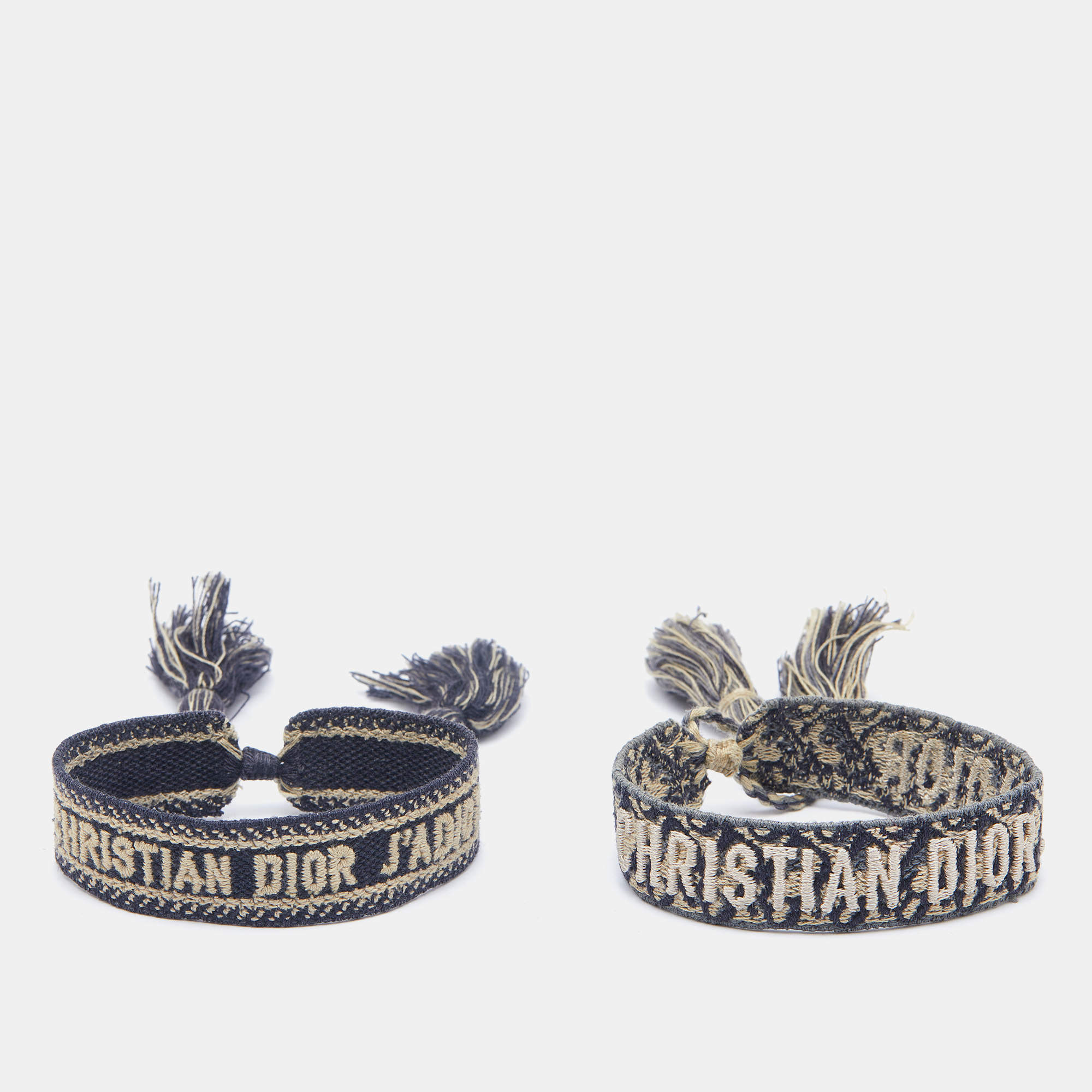 Dior J'adior Navy Blue Cotton Embroidered Dior Oblique Set of Two Bracelets