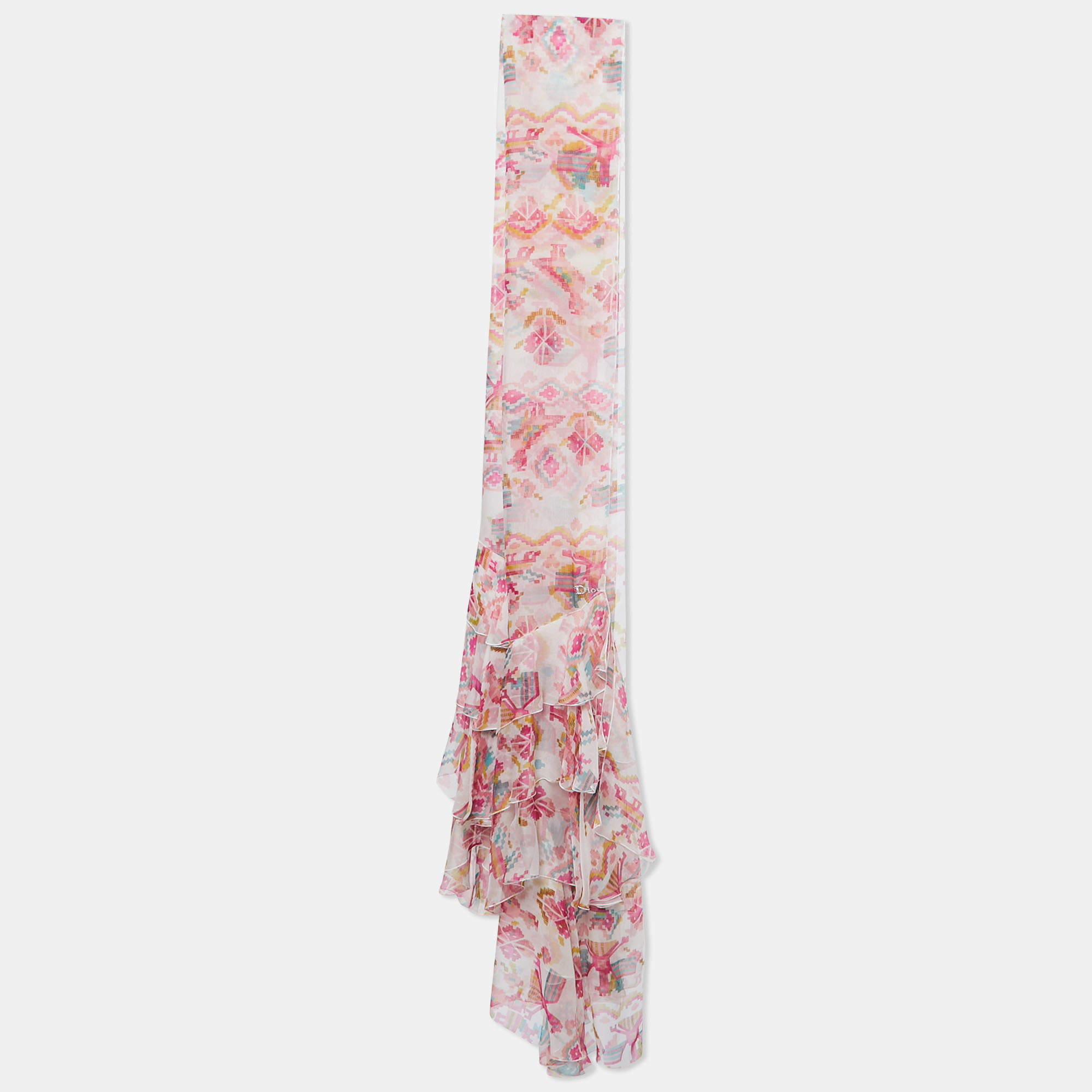 Dior Pink Aztec Print Silk Ruffled Scarf Dior