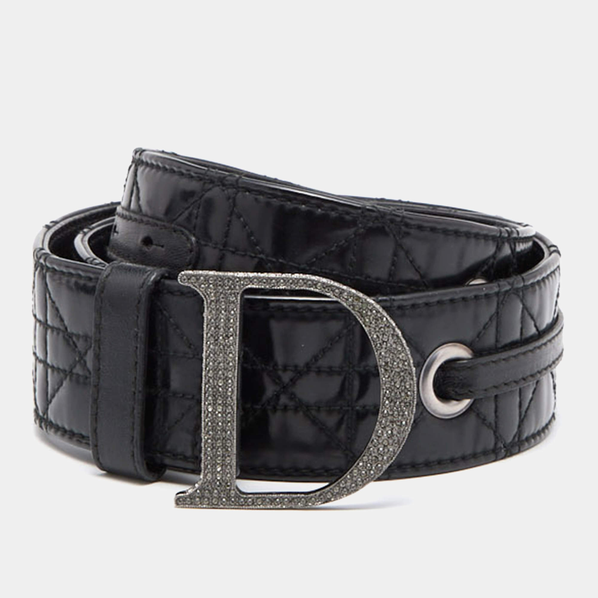Dior Black Cannage Patent and Leather D Crystals Buckle Belt 90CM