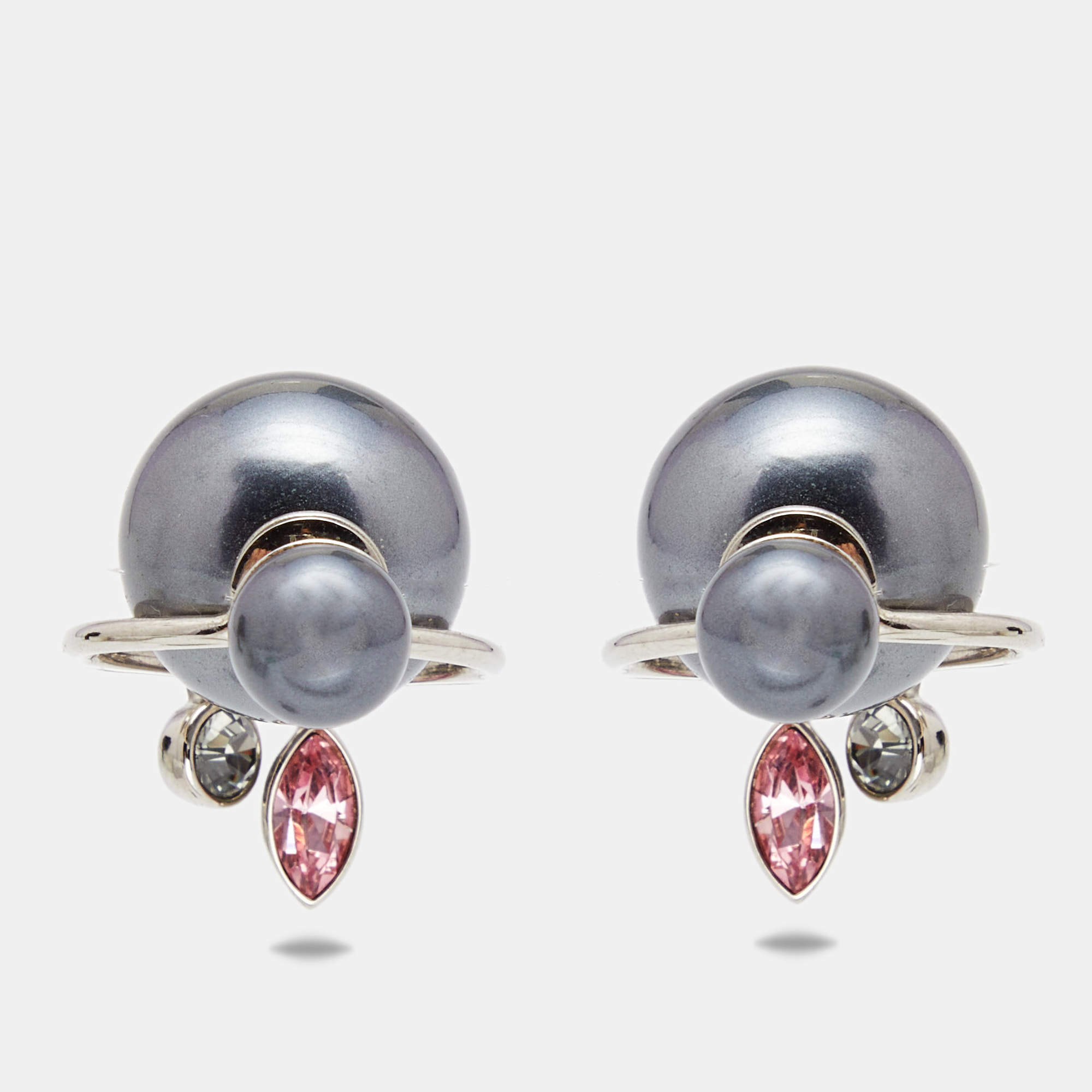 Pre Owned Dior Tribales Crystal Faux Pearl Silver Tone Earrings