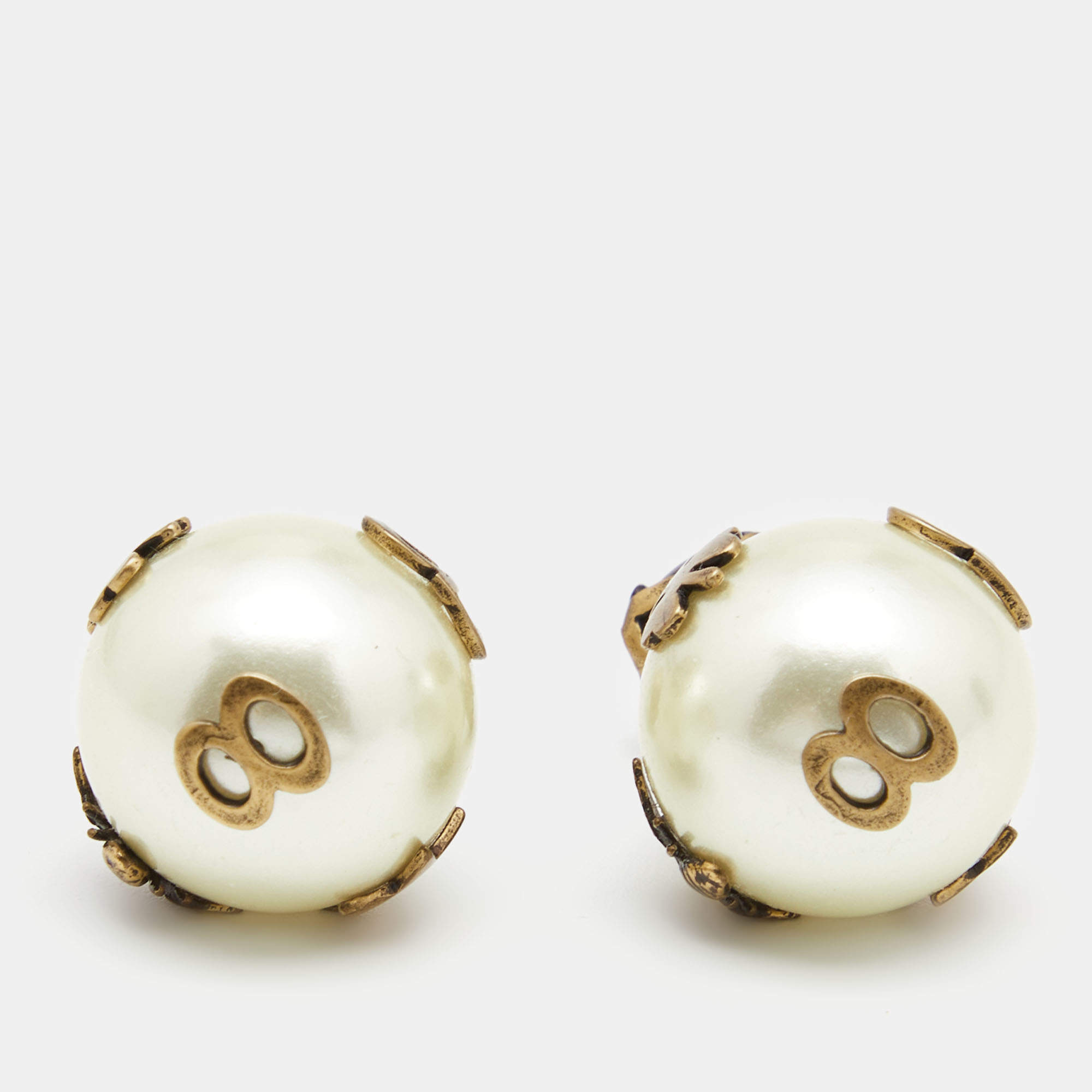 Dior Tribales Aged Gold Tone Faux Pearl Asymmetric Earrings
