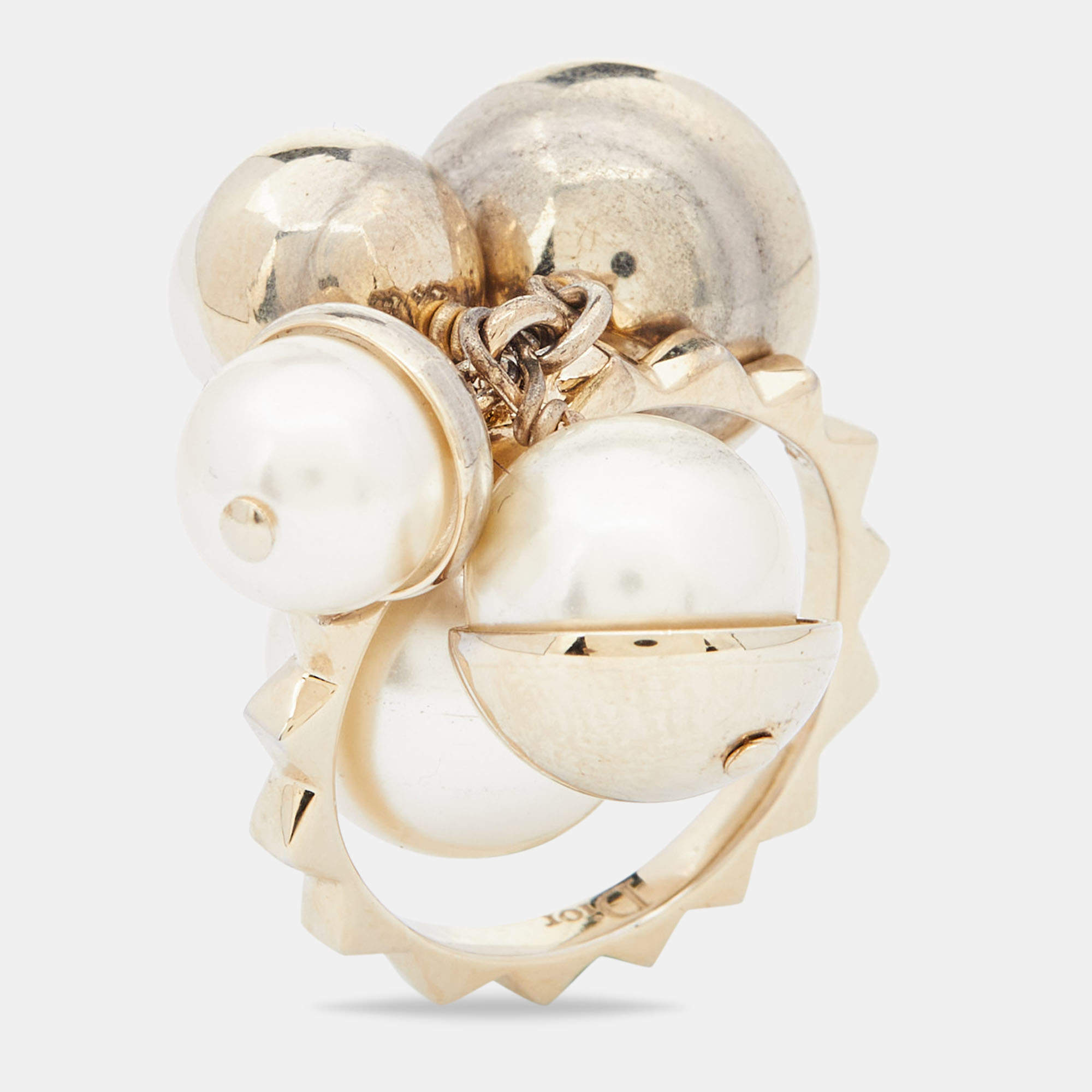 Pre Owned Dior Gold Tone Faux Pearl Charm Ring Size 56