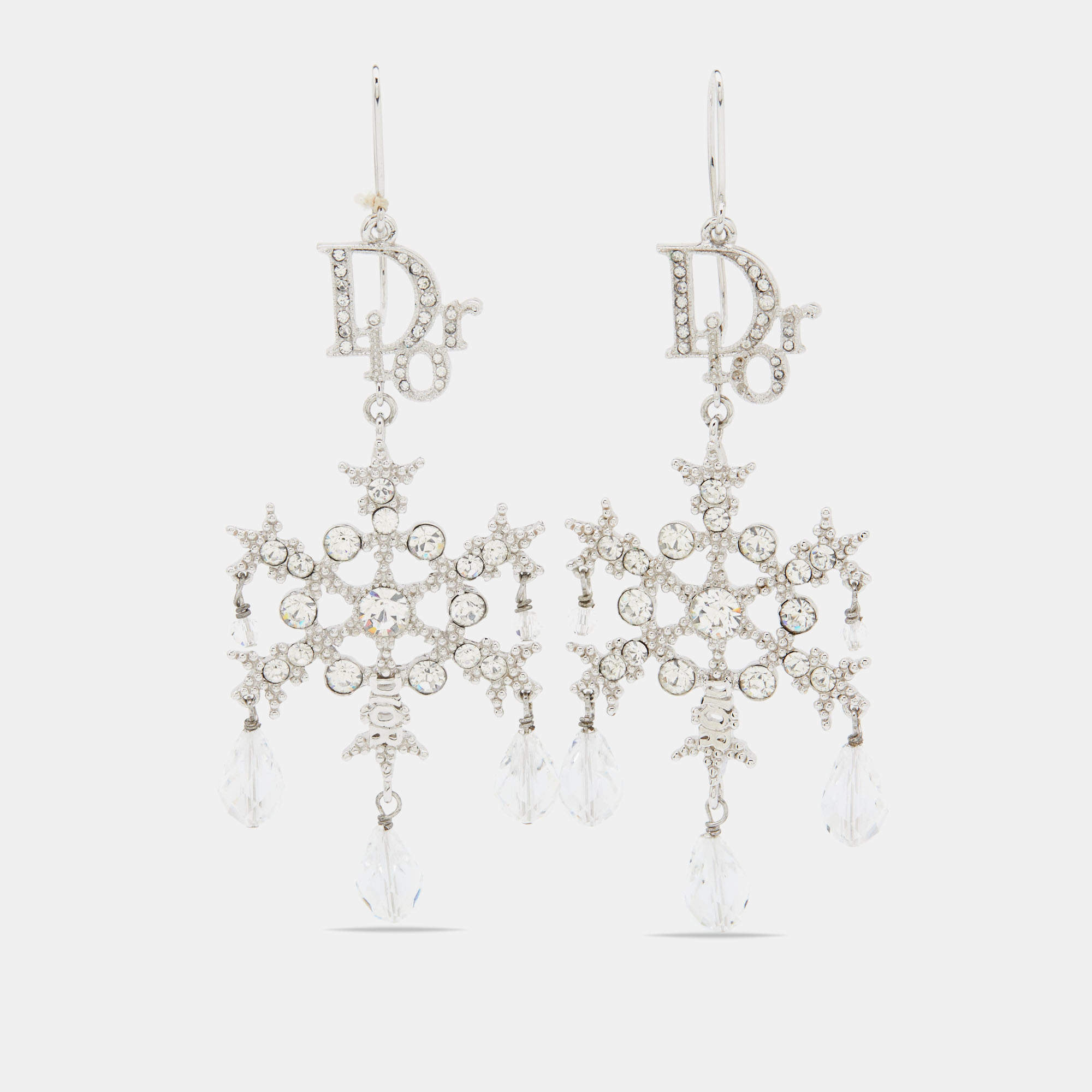 Pre Owned Dior Silver Tone Crystal Snowflake Drop Earrings