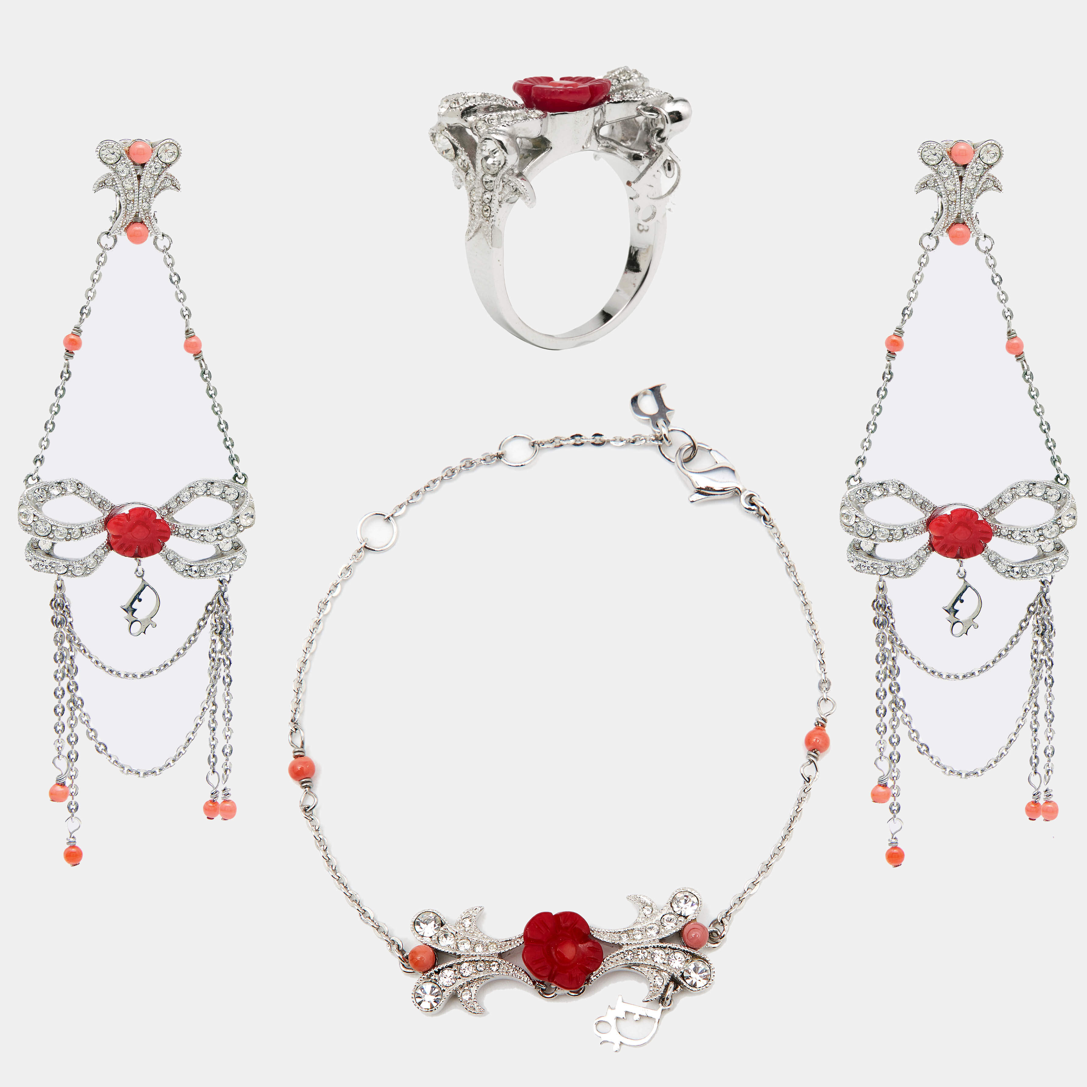 Pre Owned Dior Silver Tone Floral Resin Crystal Bow Detail Jewelery Set
