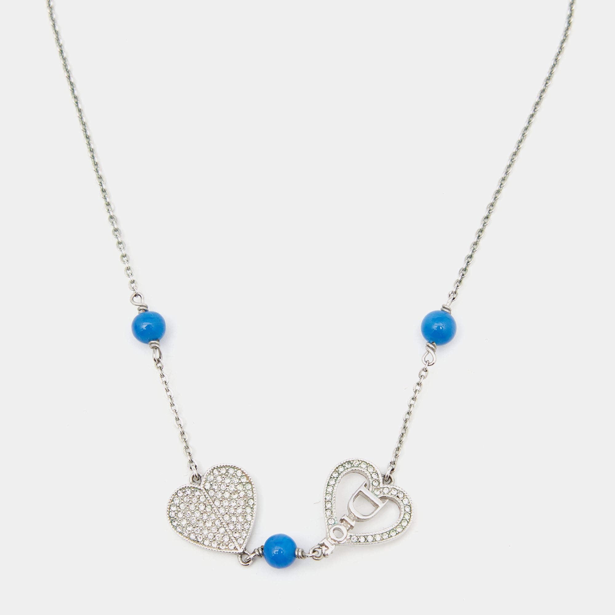 Dior Silver Tone Crystal Heart & Blue Bead Necklace
