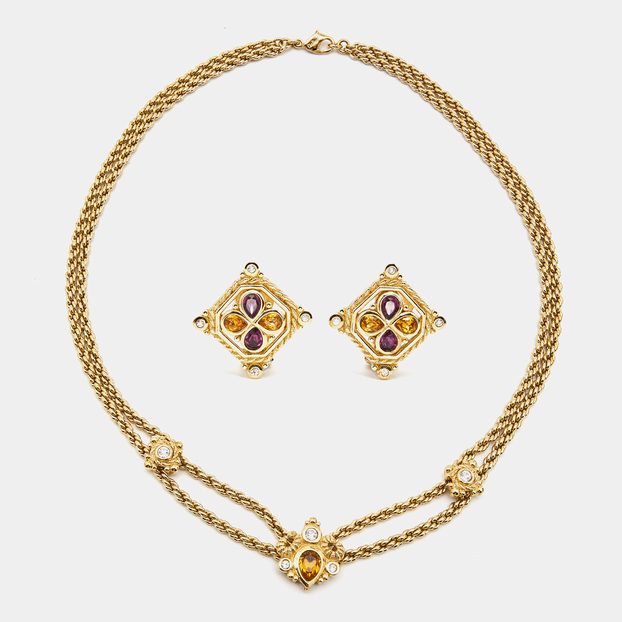 Dior Crystals Gold Tone Necklace Earrings Set