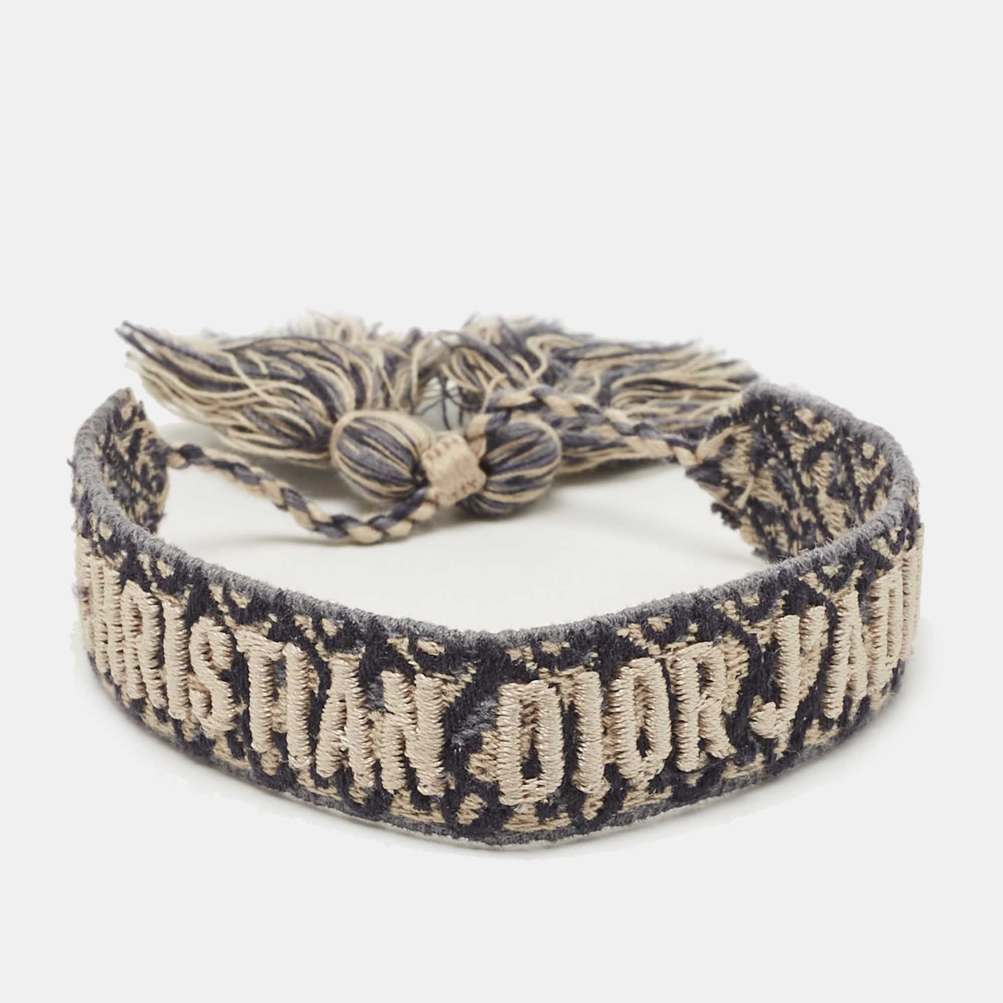 Pre Owned Dior J'adior Navy Blue Cotton Embroidered Bracelet