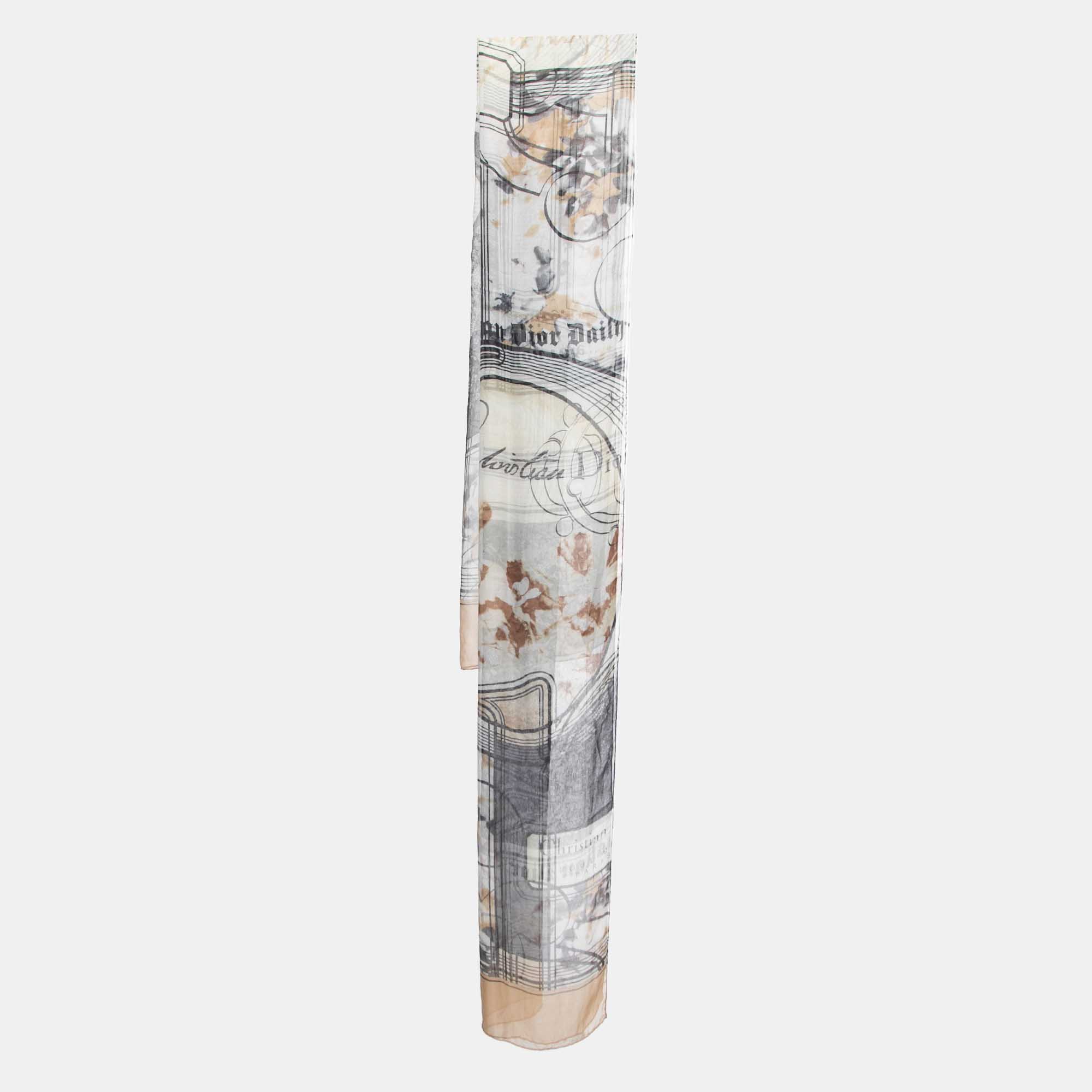 Dior Cream Floral Lace Logo Print Sheer Silk Stole