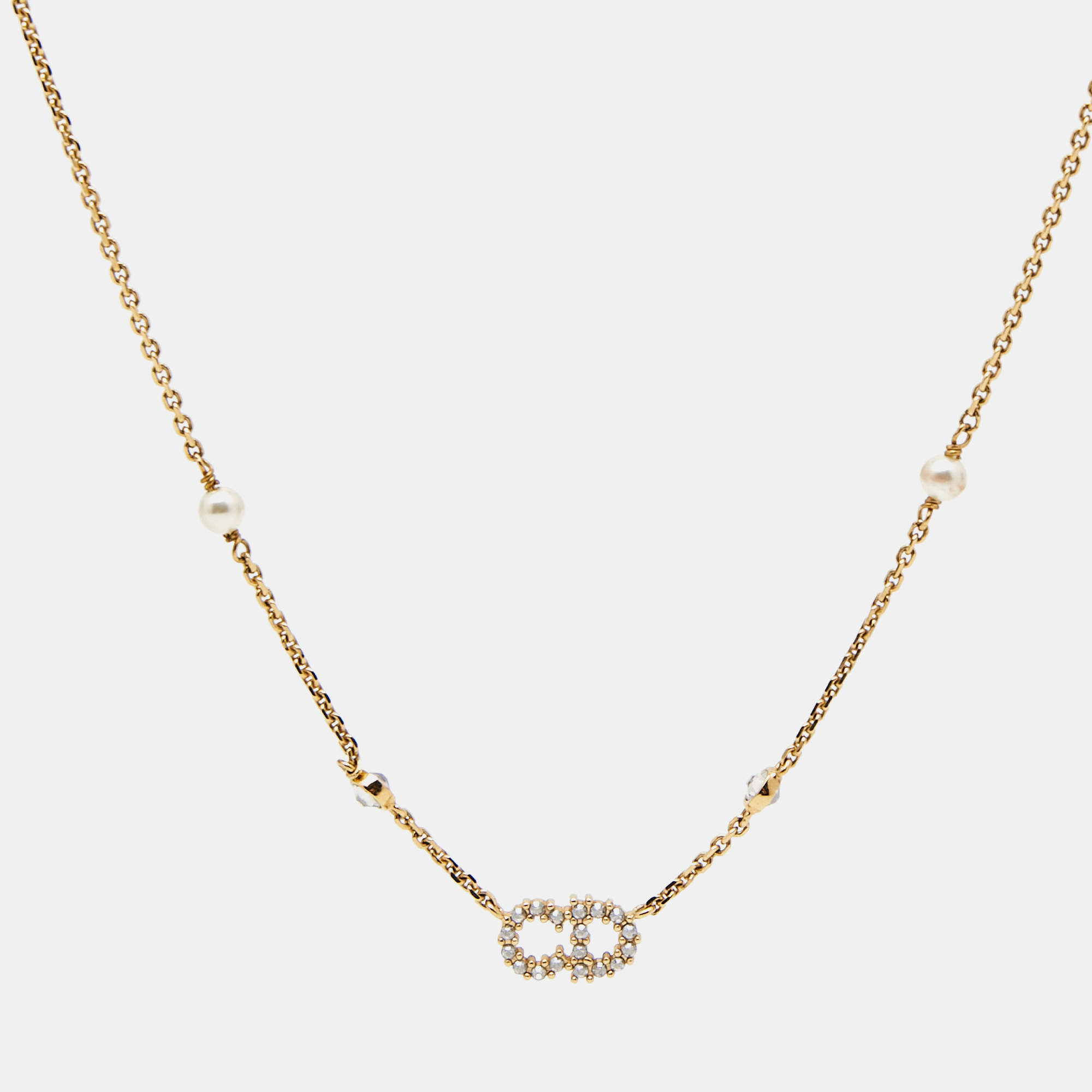 Pre Owned Dior Clair D Lunes Crystals Faux Pearl Gold Tone Necklace