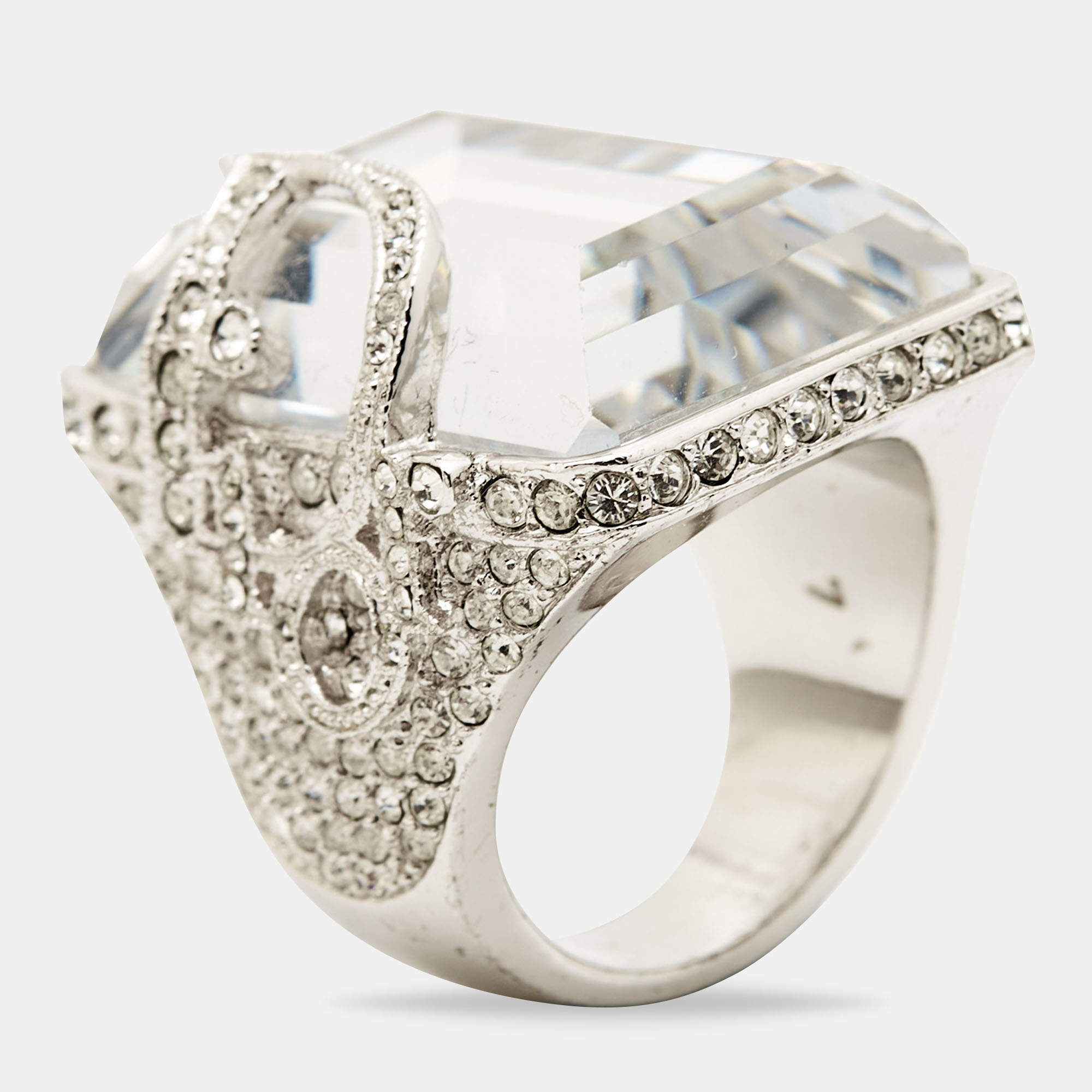 Dior Vintage Statement Crystal Logo Silver Tone Ring Size 54